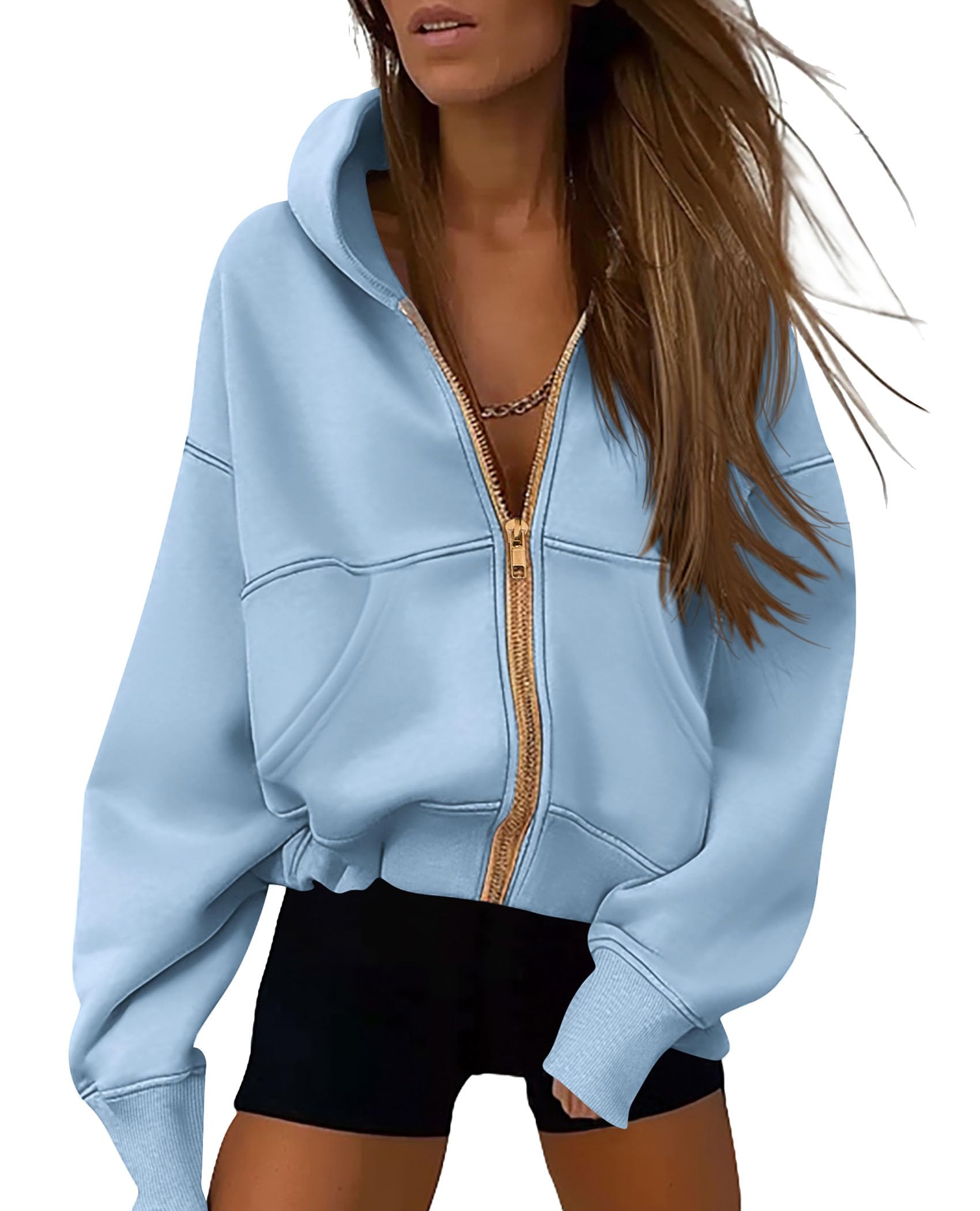 Hoodies for Women Fall Fashion Zip Up Fleece Plain Sweatshirt
