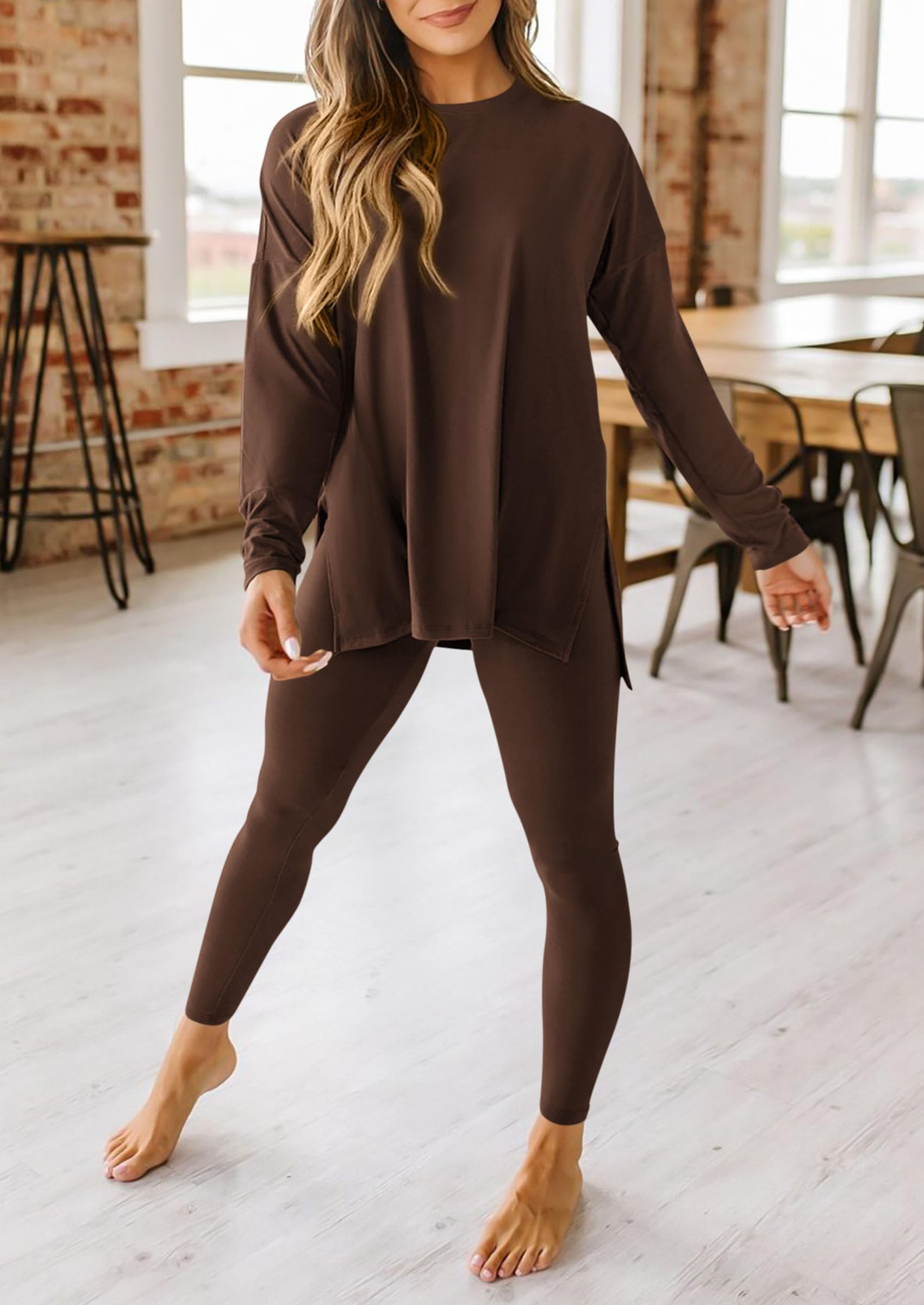 Women's 2 Piece Outfits Matching Lounge Sets,Coffee,S
