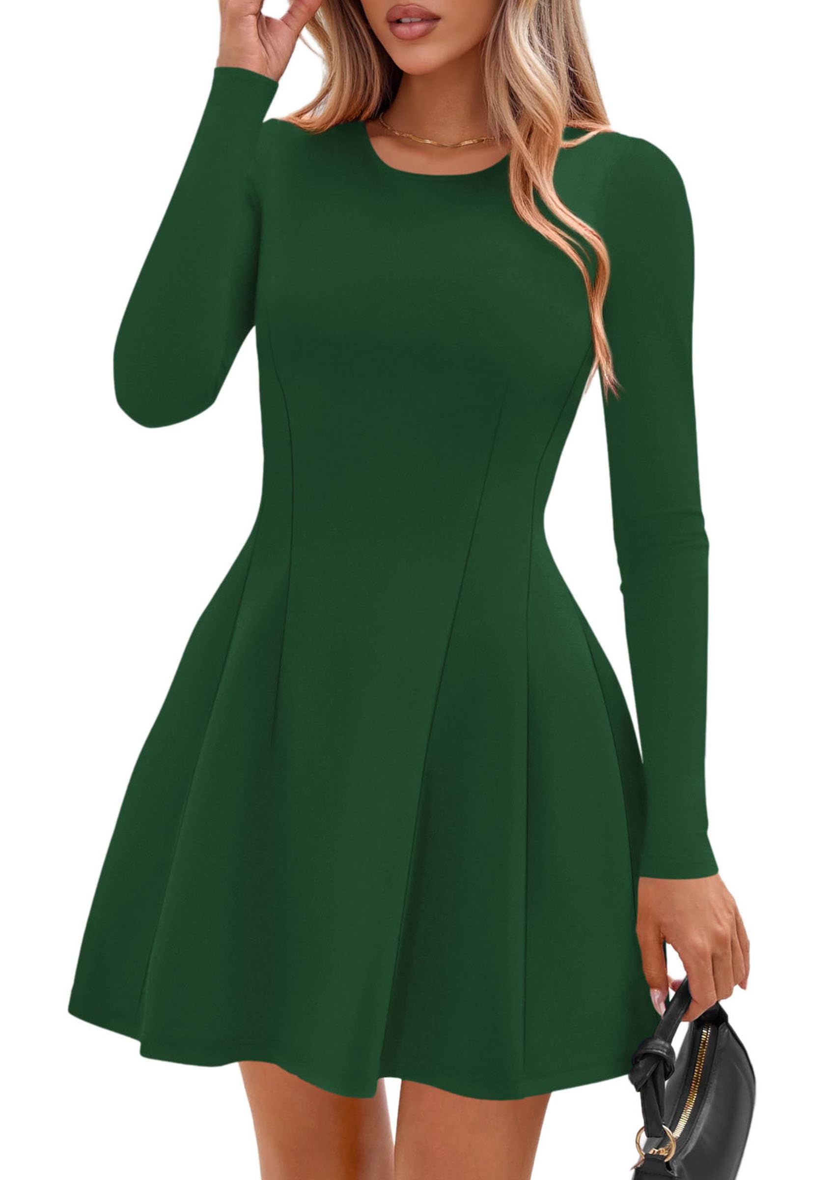 Womens Long Sleeve Pleated Mini Dress,Green,XS