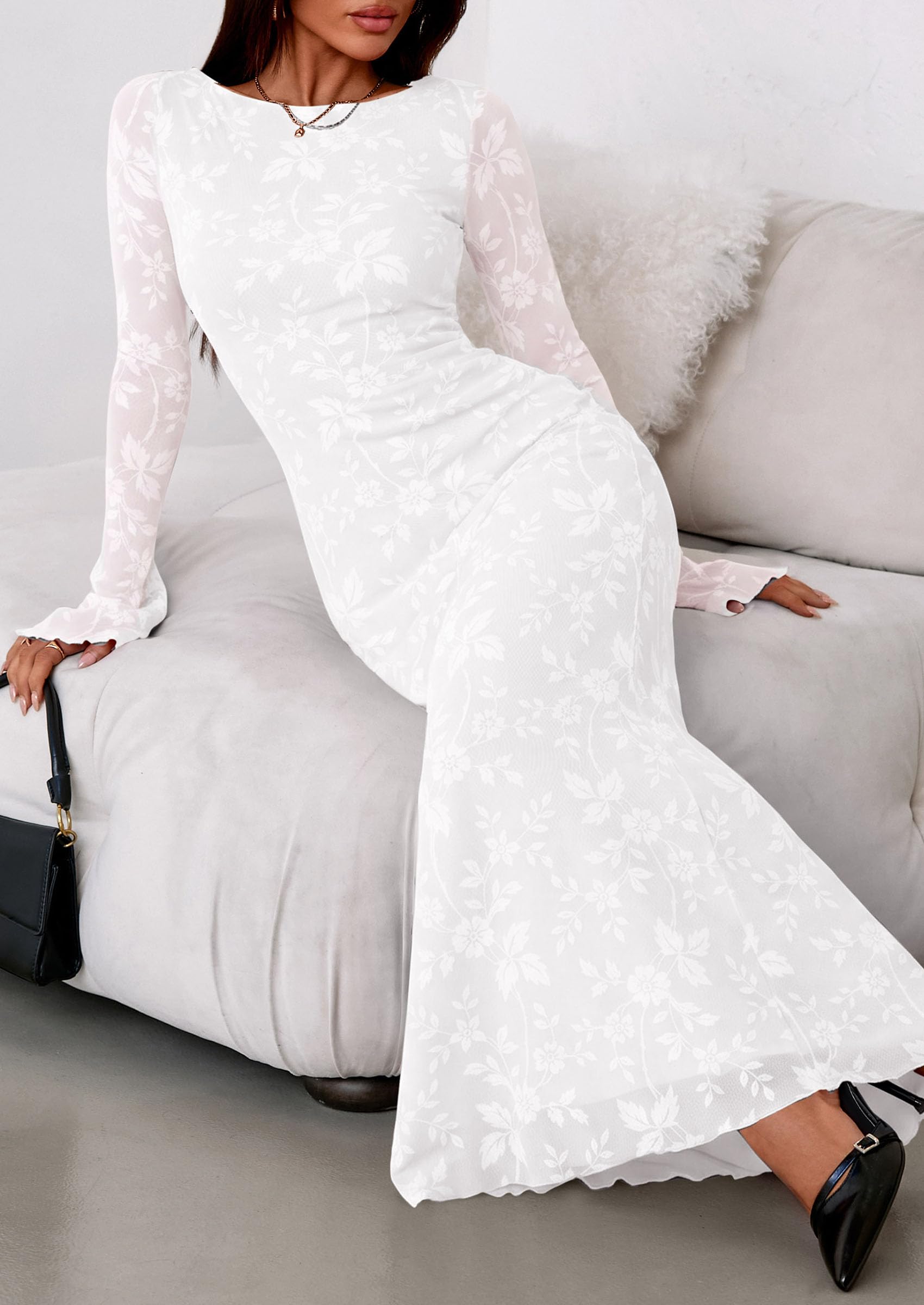 Women's Floral Bodycon Maxi Dress Wedding Guest Dresses White