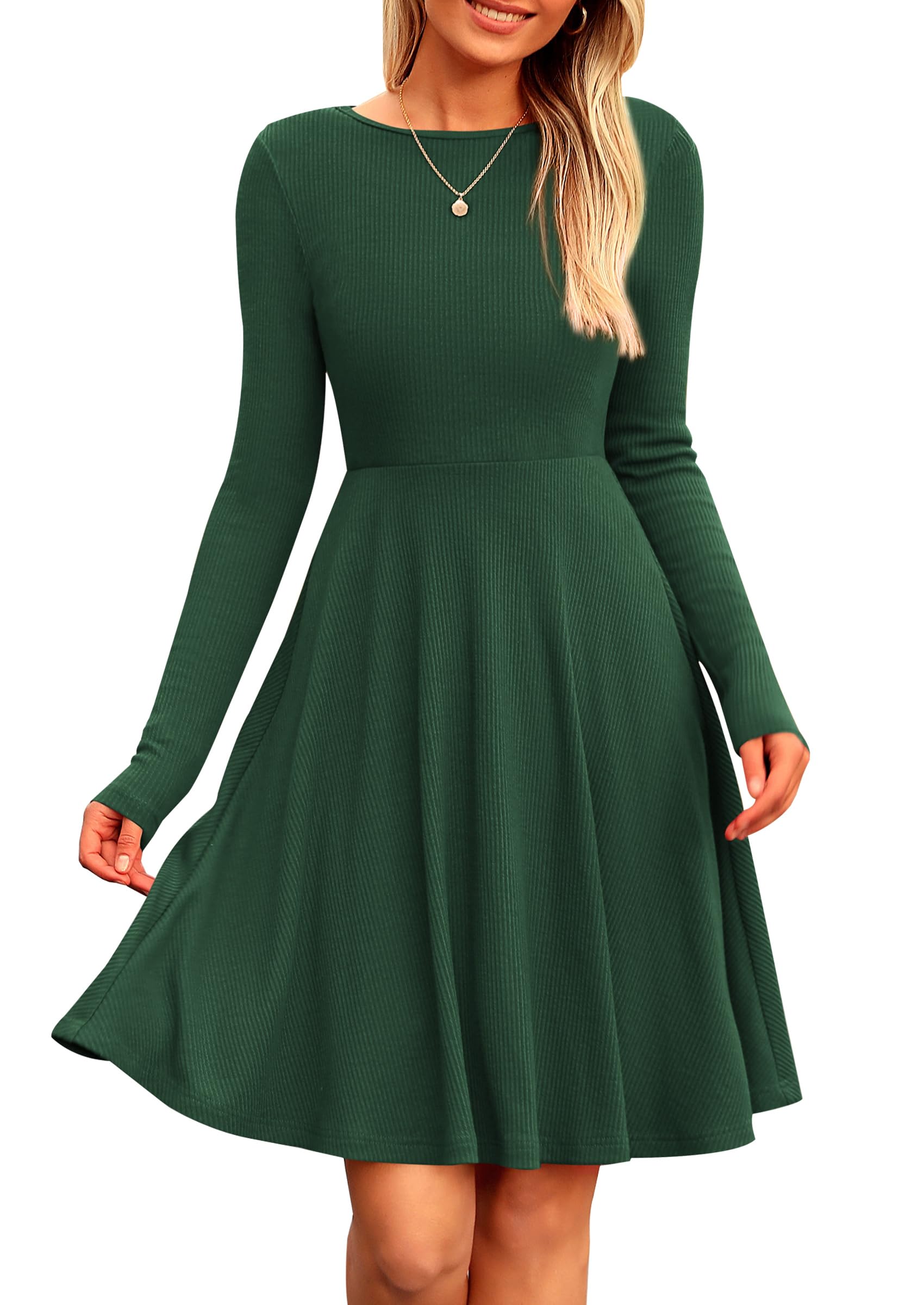 Women's Fall Casual Long Sleeve Short Dress (Dark Green,S)