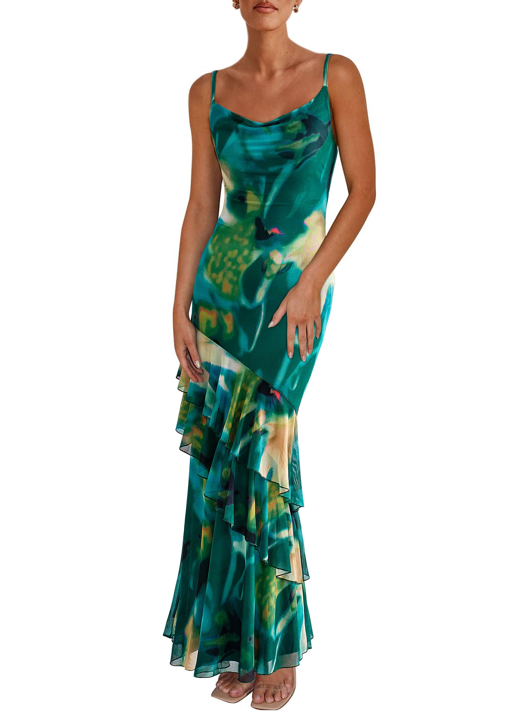 Women's Boho Floral Tiered Maxi Dress, Print Green,XS