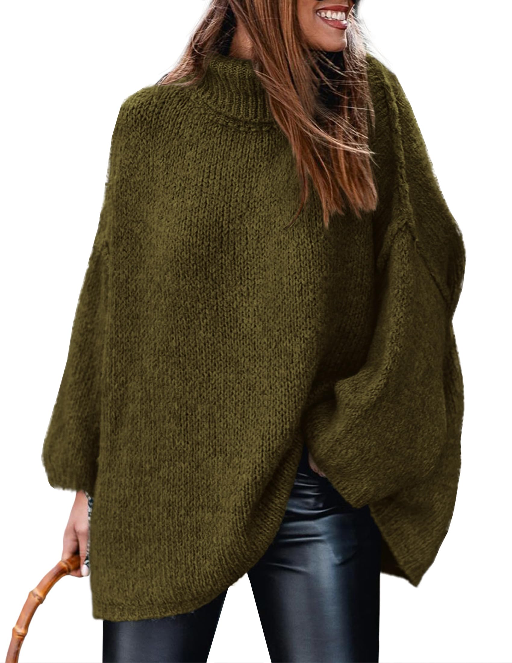 Womens Turtleneck Long Sleeve Oversized Sweaters,Army Green,S