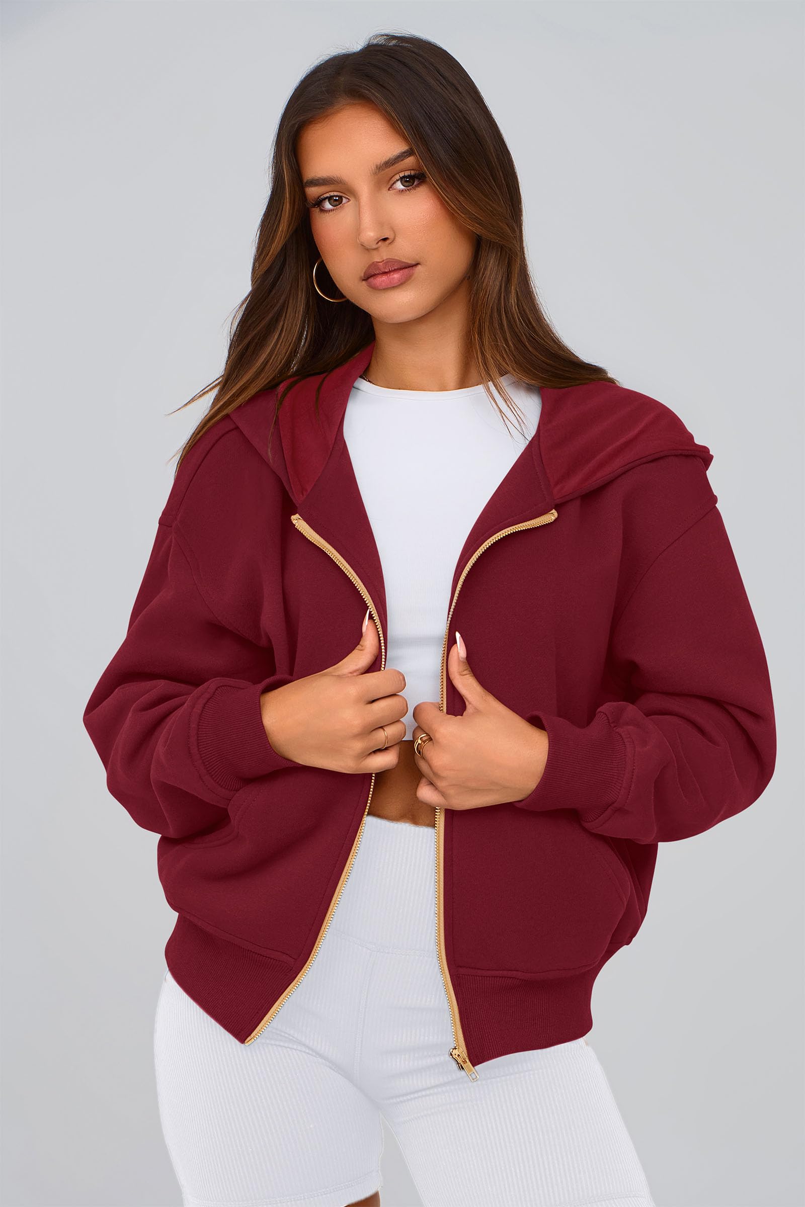 Hoodies for Women Fall Fashion Zip Up Fleece Plain Sweatshirt