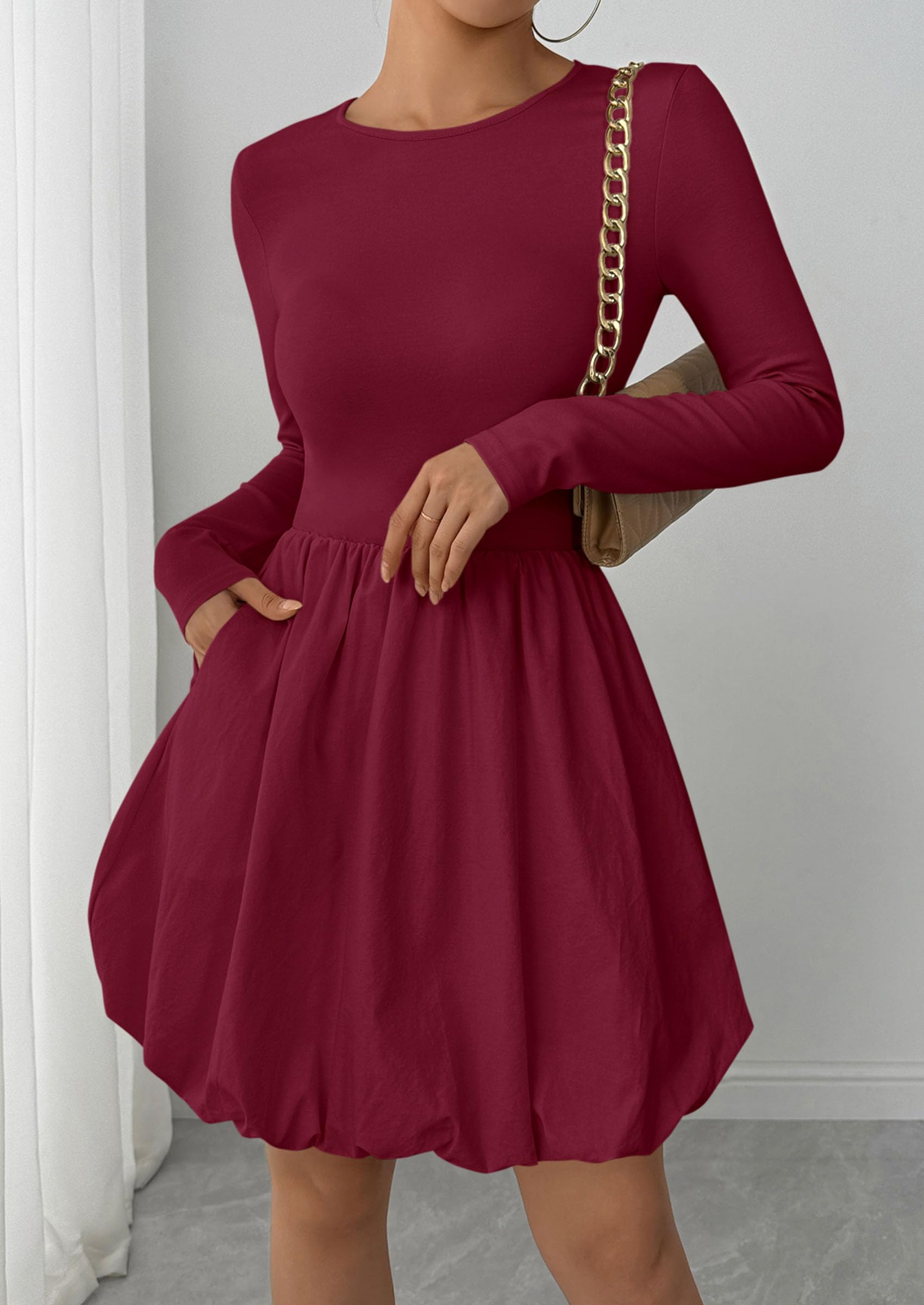 Fall Dresses for Women 2026 Bubble Mini Dress,Wine Red,S
