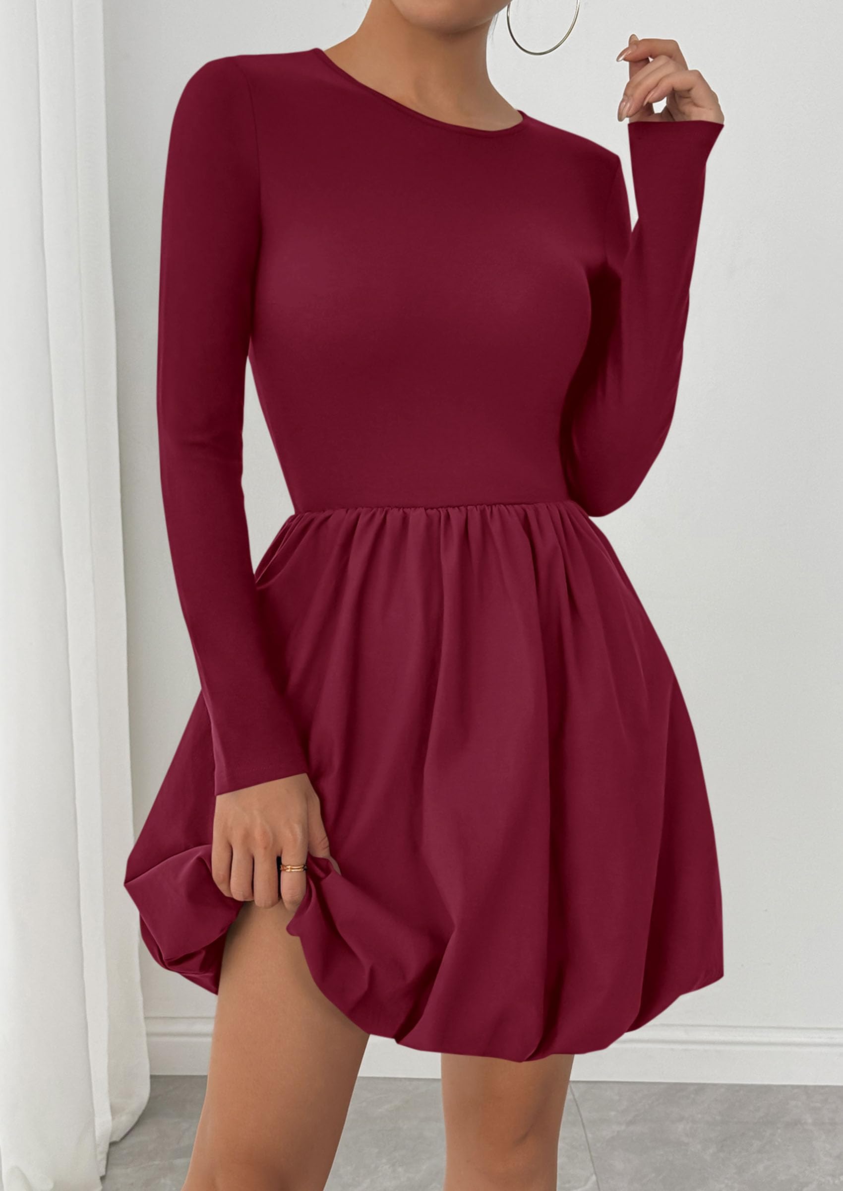 Fall Dresses for Women 2026 Bubble Mini Dress,Wine Red,S