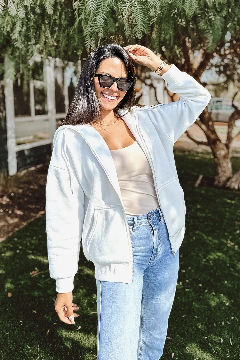 Women's Fall Zip Up Hoodies Sweatshirts White