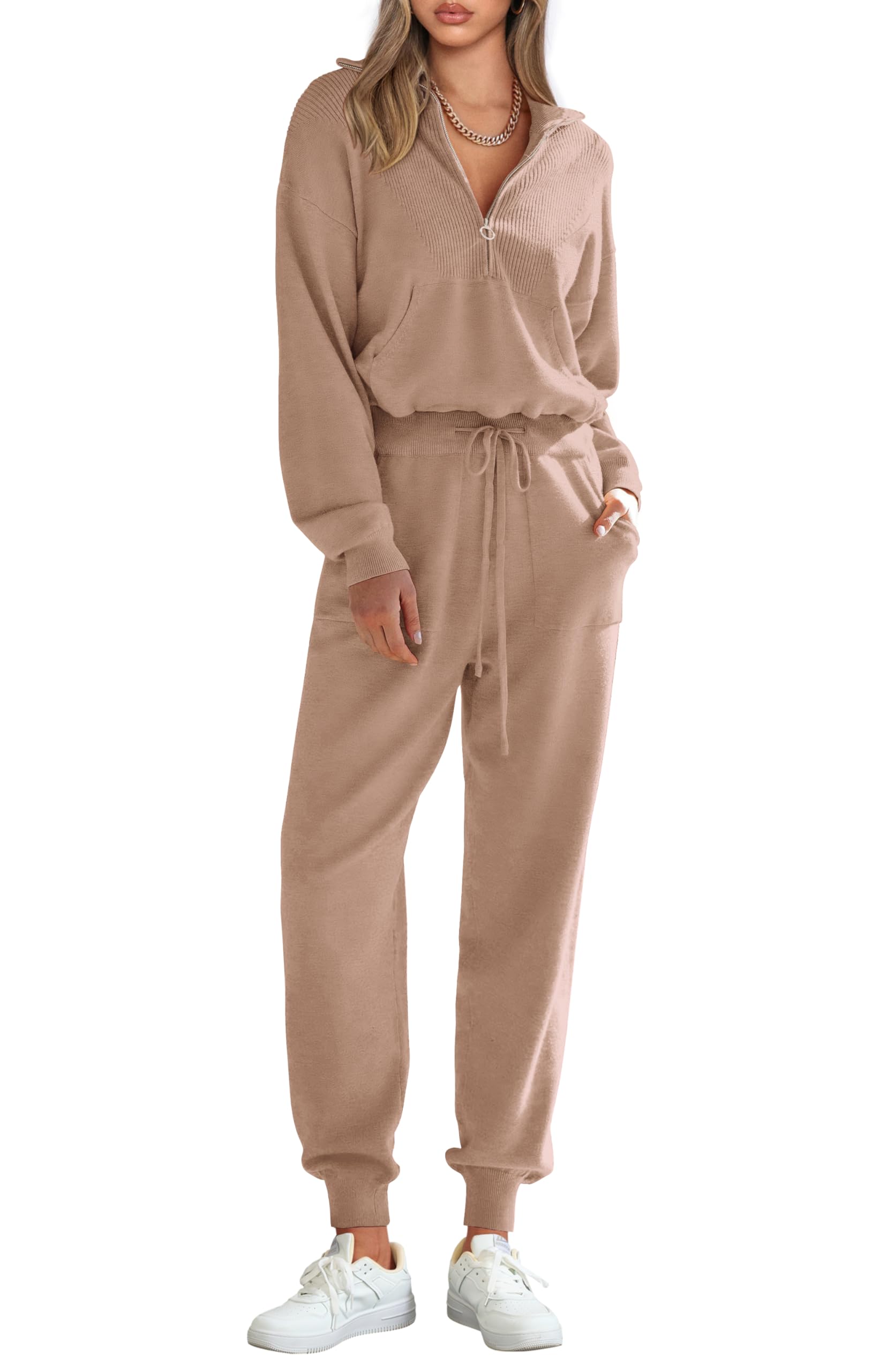 Women's 2 Piece Sweatsuits Set Fall Outfits(Khaki,S)