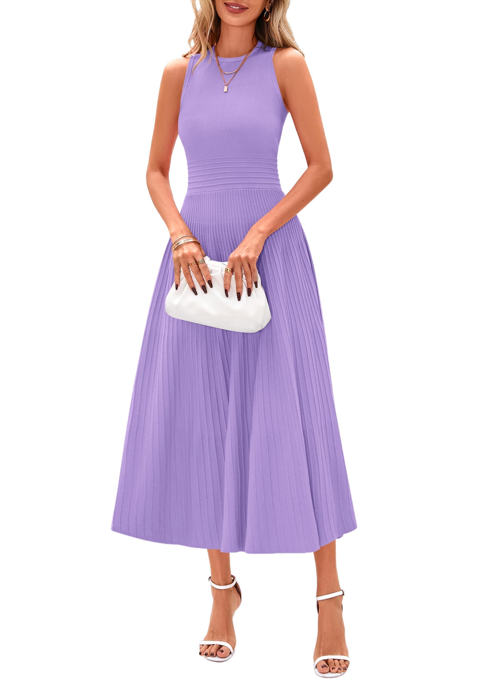 Women's Summer Pleated Midi Work Dress,Purple,S