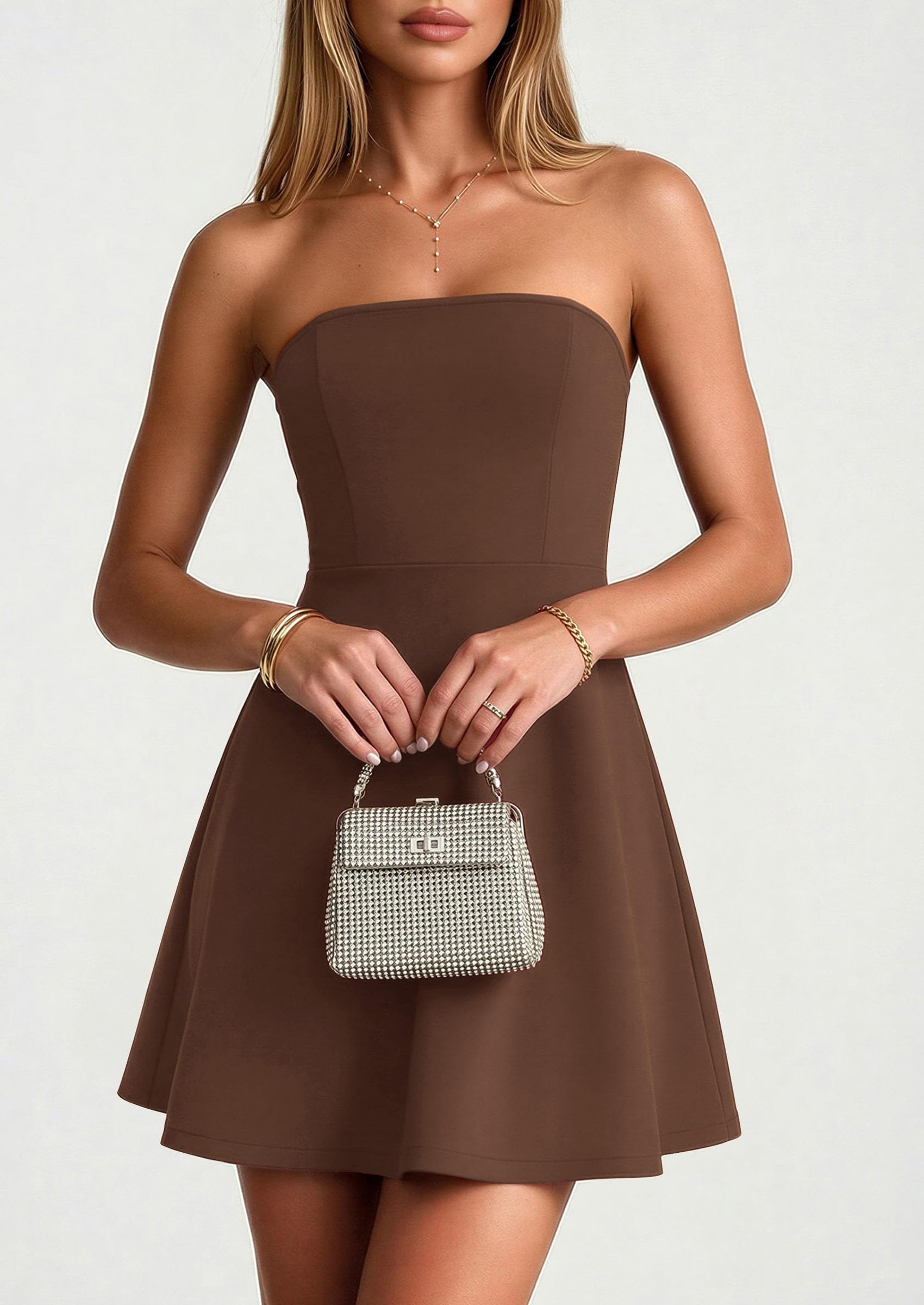 Women's Strapless A Line Mini Summer Dresses Brown,XS