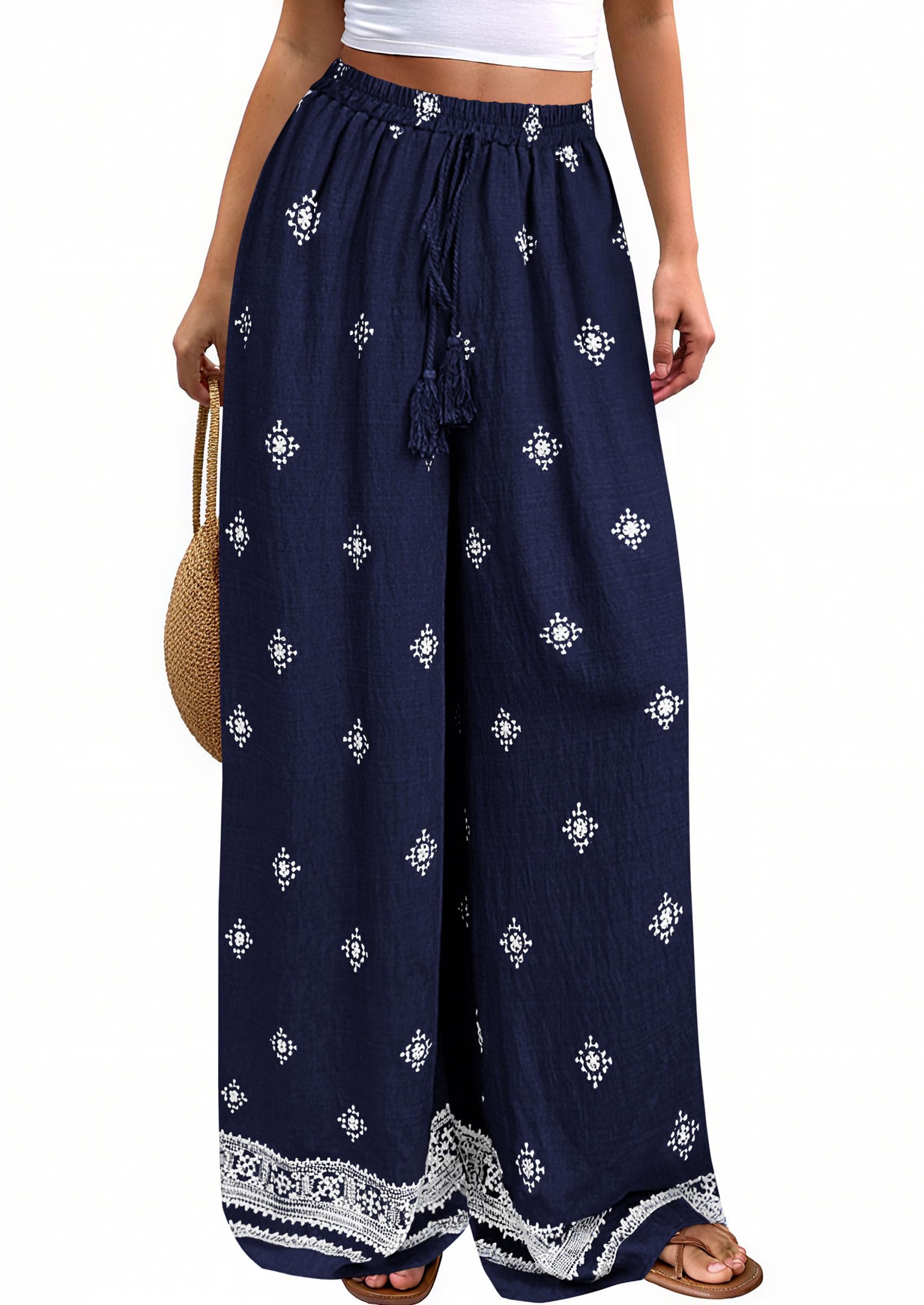 Wide Leg Flowy Boho Pants for Women, Navy Blue,S