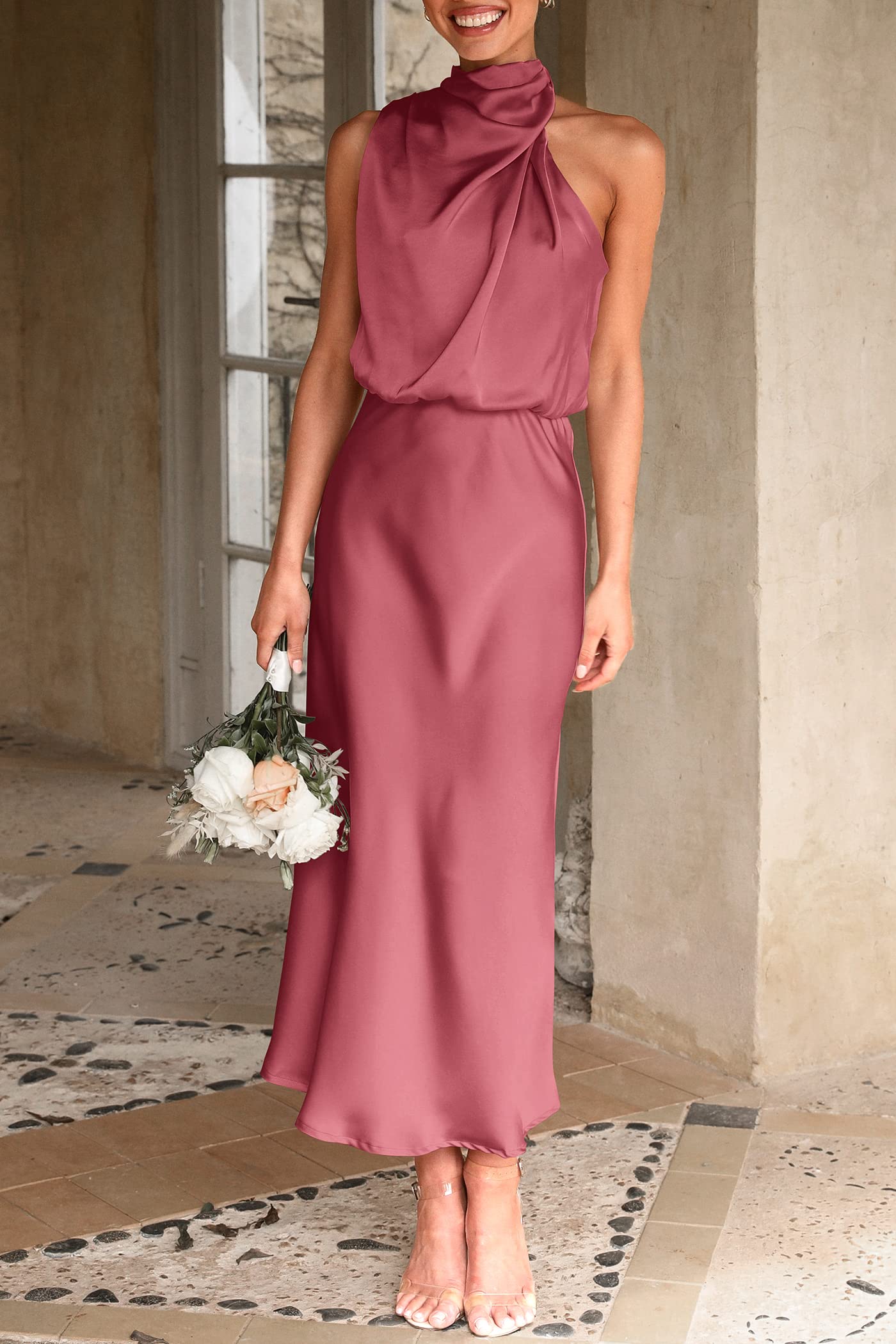Women's Summer Satin Maxi Cocktail Dress Brick Red