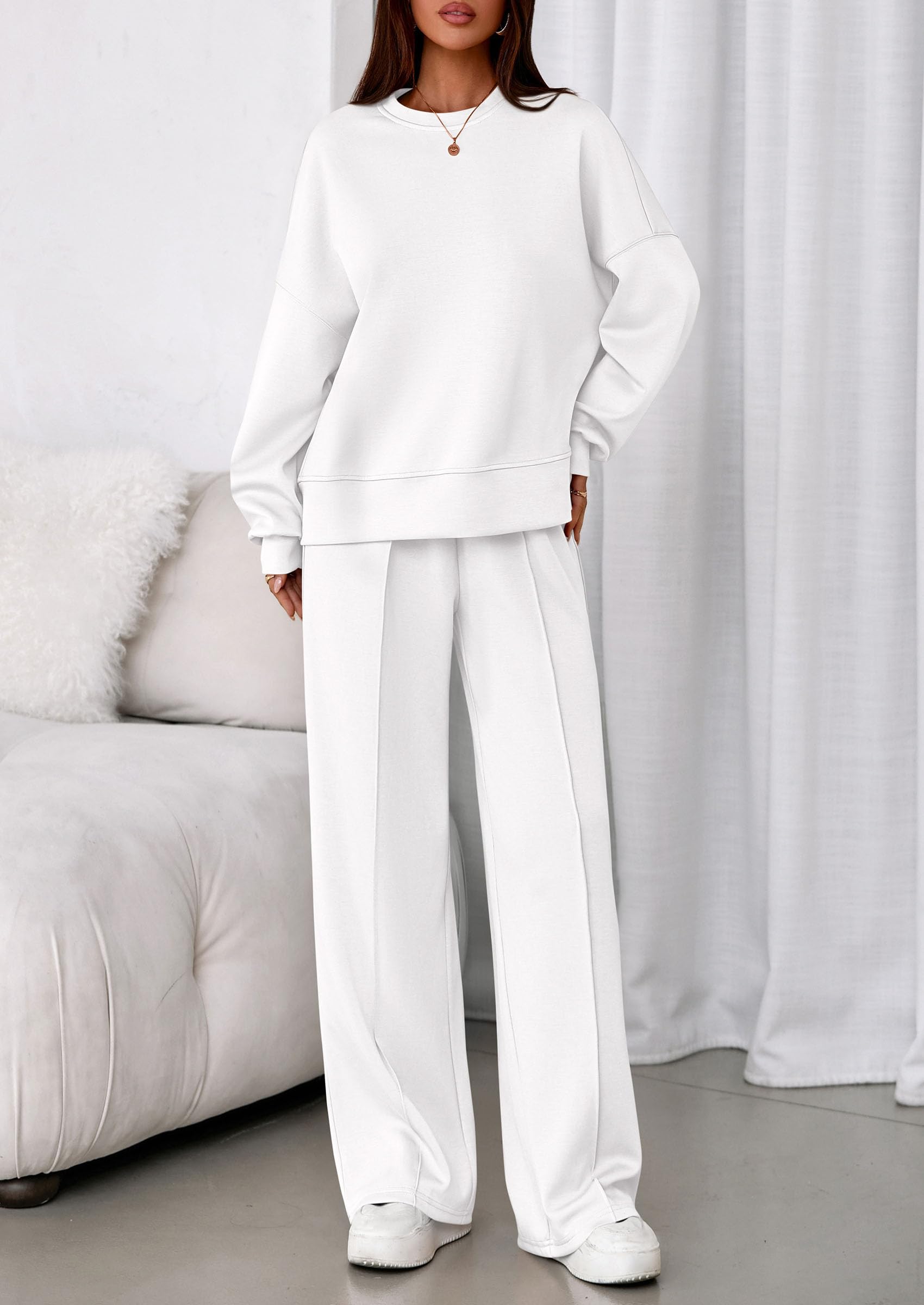 Womens Long Sleeve Sweatshirt 2 Piece Sets,White,S