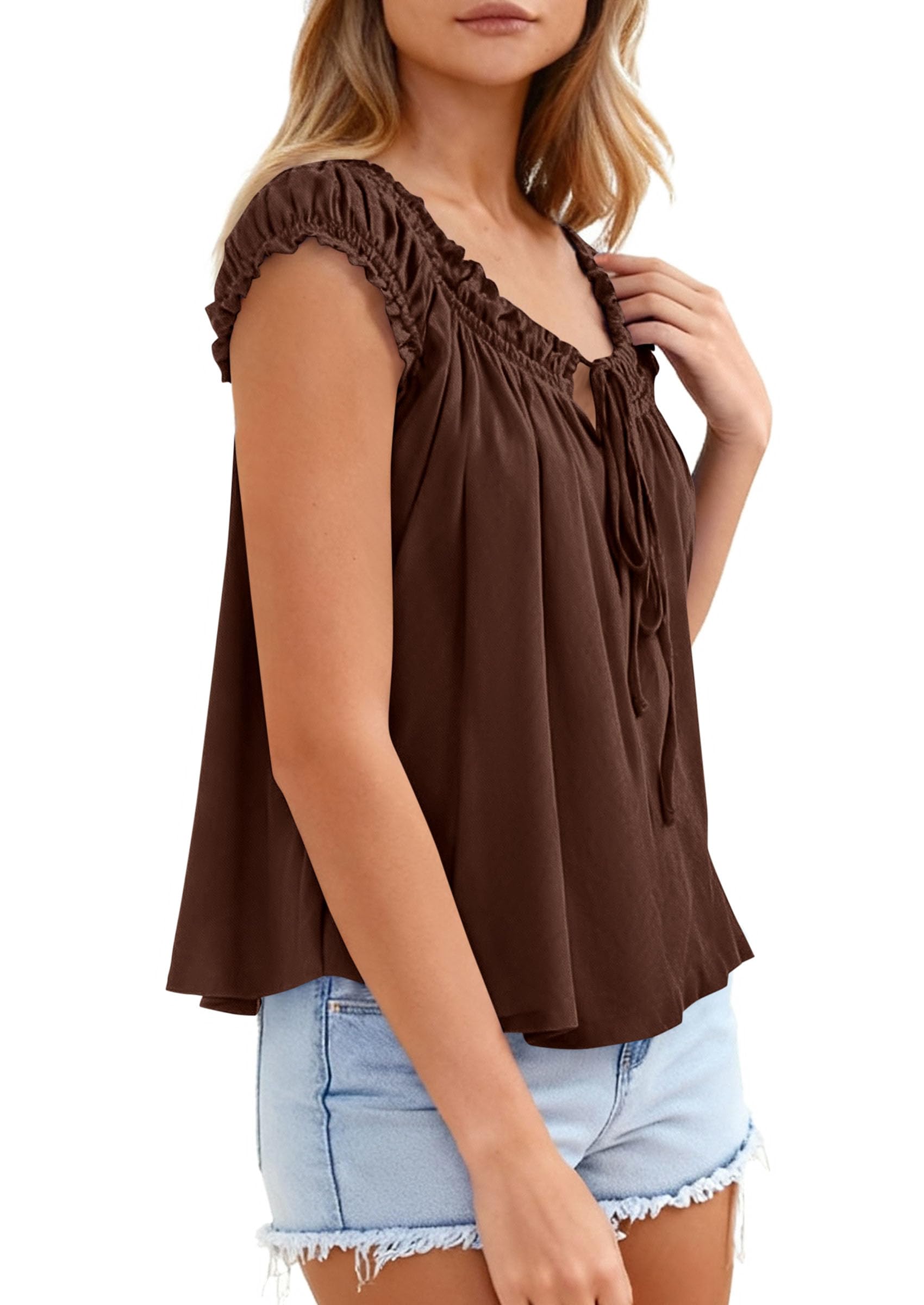 Womens Summer Tank Tops Babydoll Peplum Blouses,Brown,XS