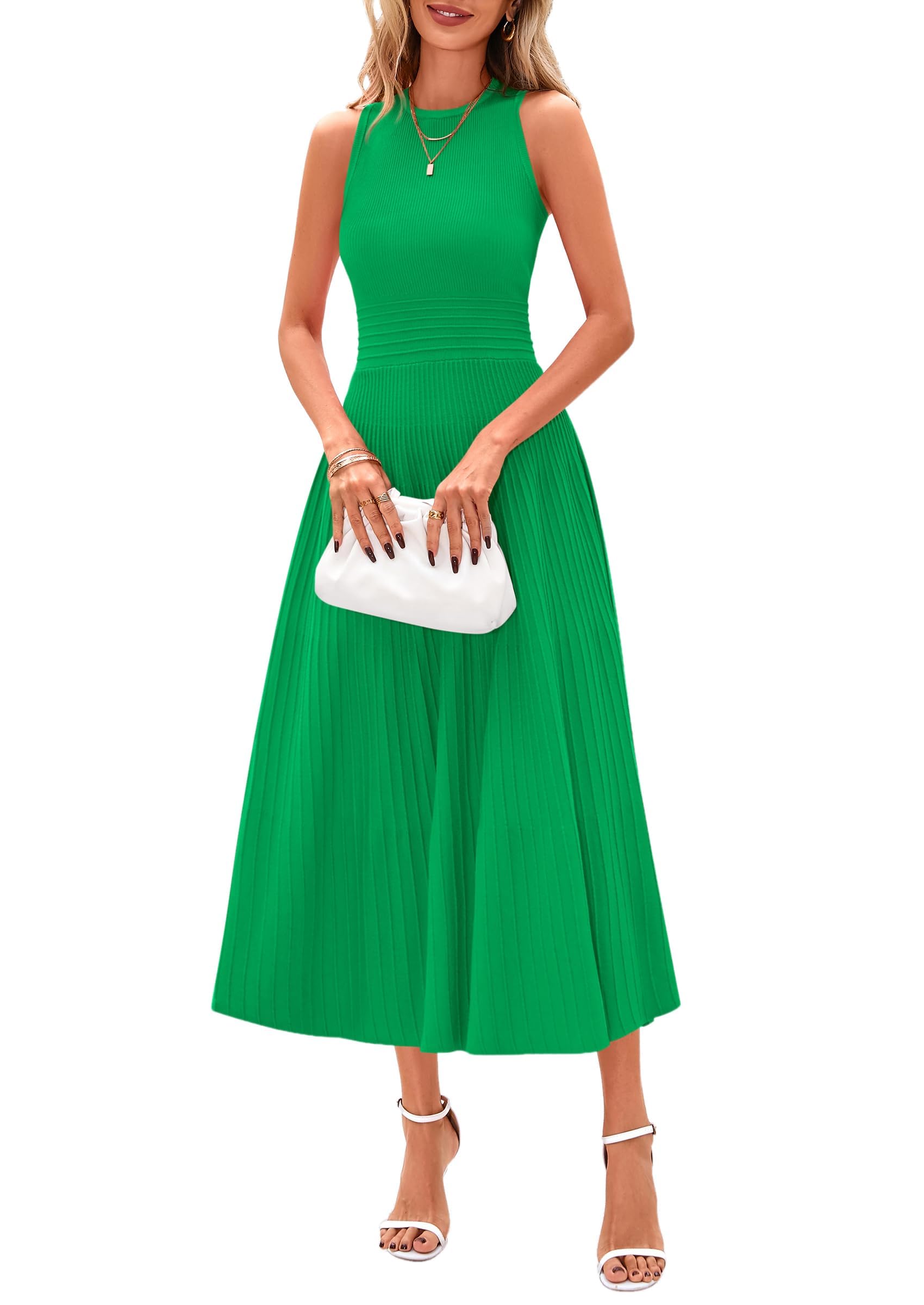 Women's Summer Pleated Midi Work Dress,Green,S