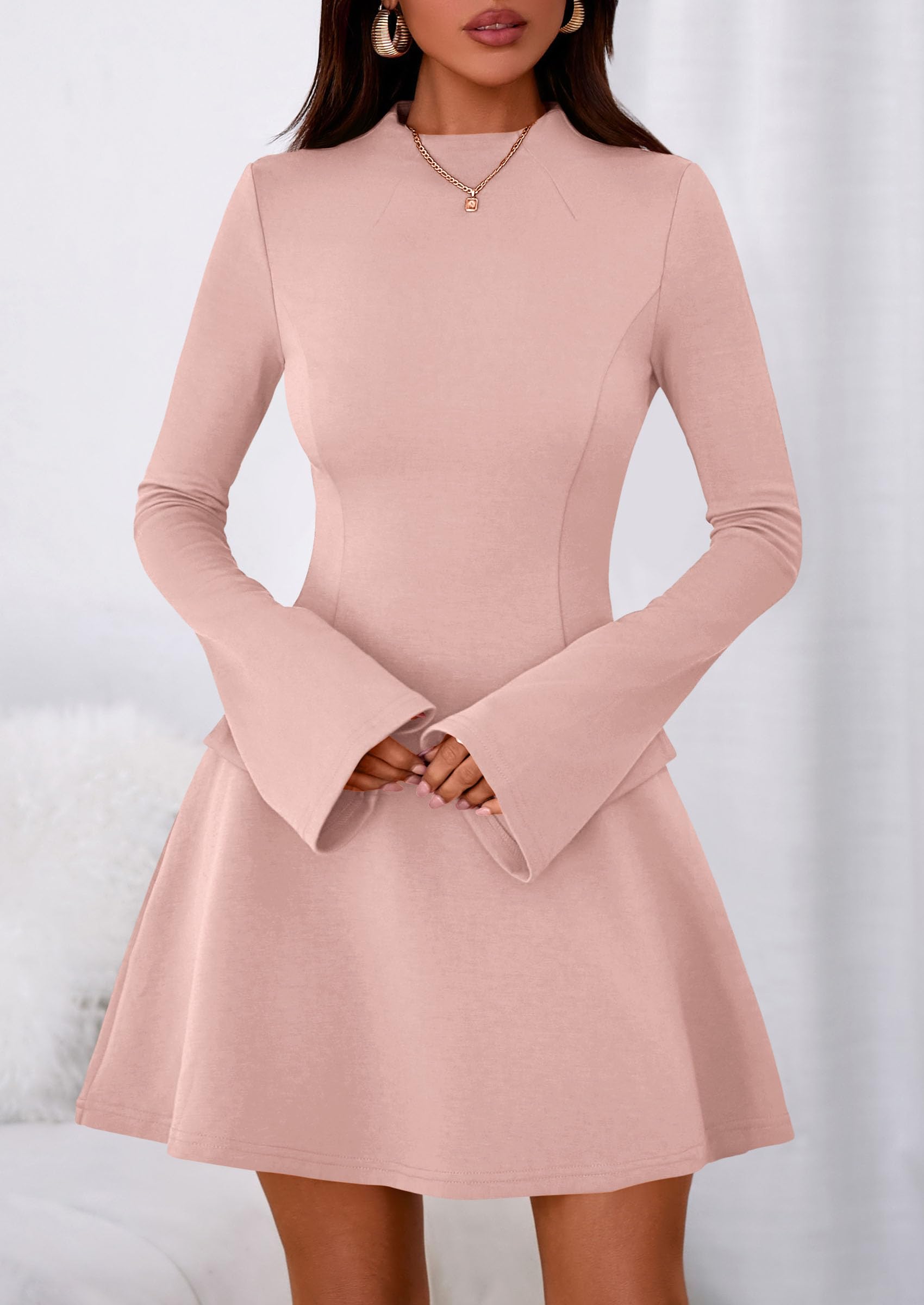 Women's Fall Bell Sleeve Short Dress,Light Pink,XS