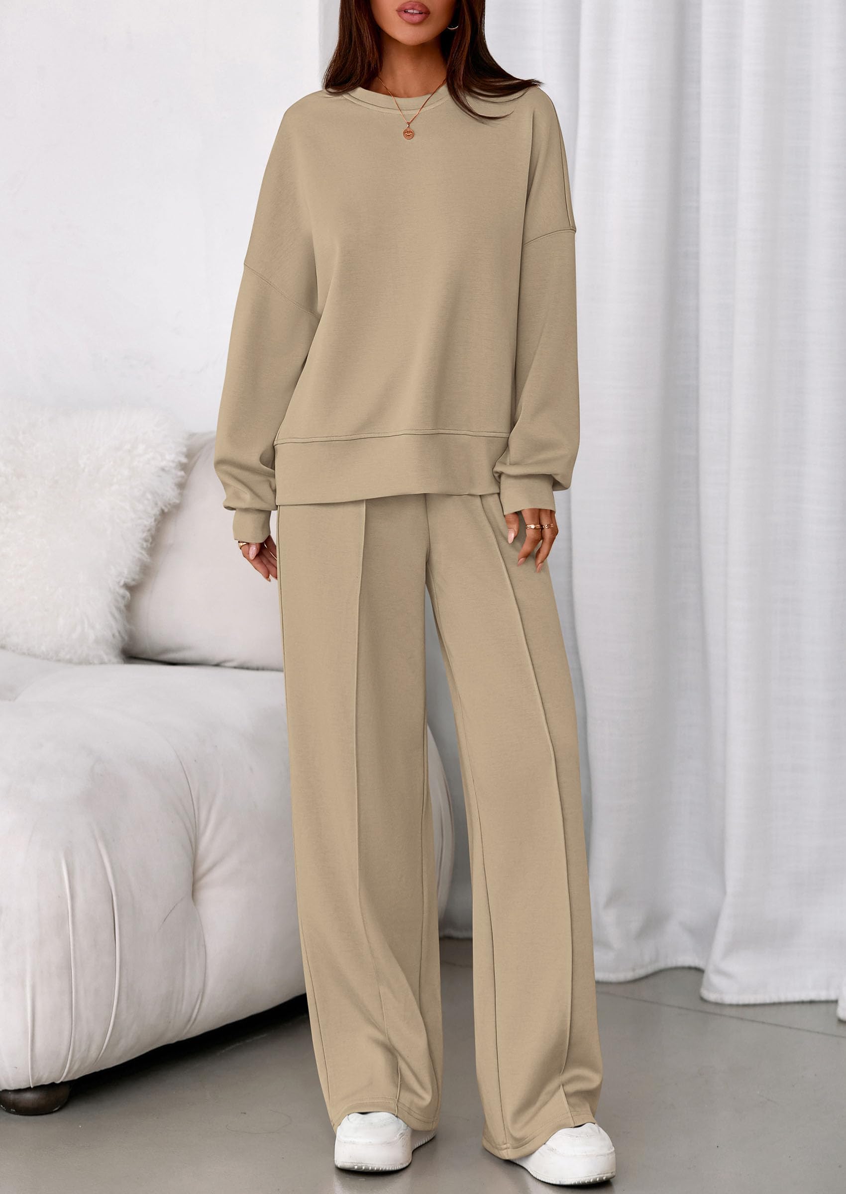 Womens Long Sleeve Sweatshirt 2 Piece Sets,Light Khaki,S