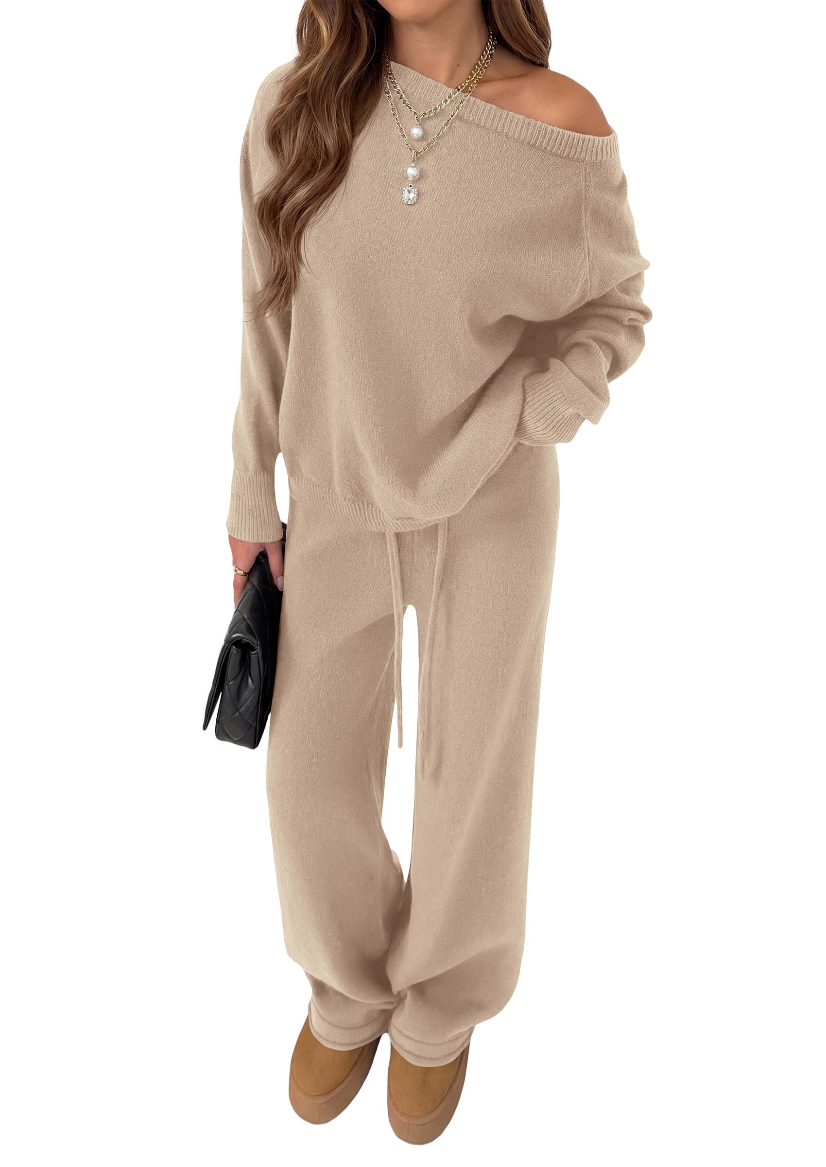 Lounge Sets Womens Sweaters Two Piece Outfits (Khaki,L)