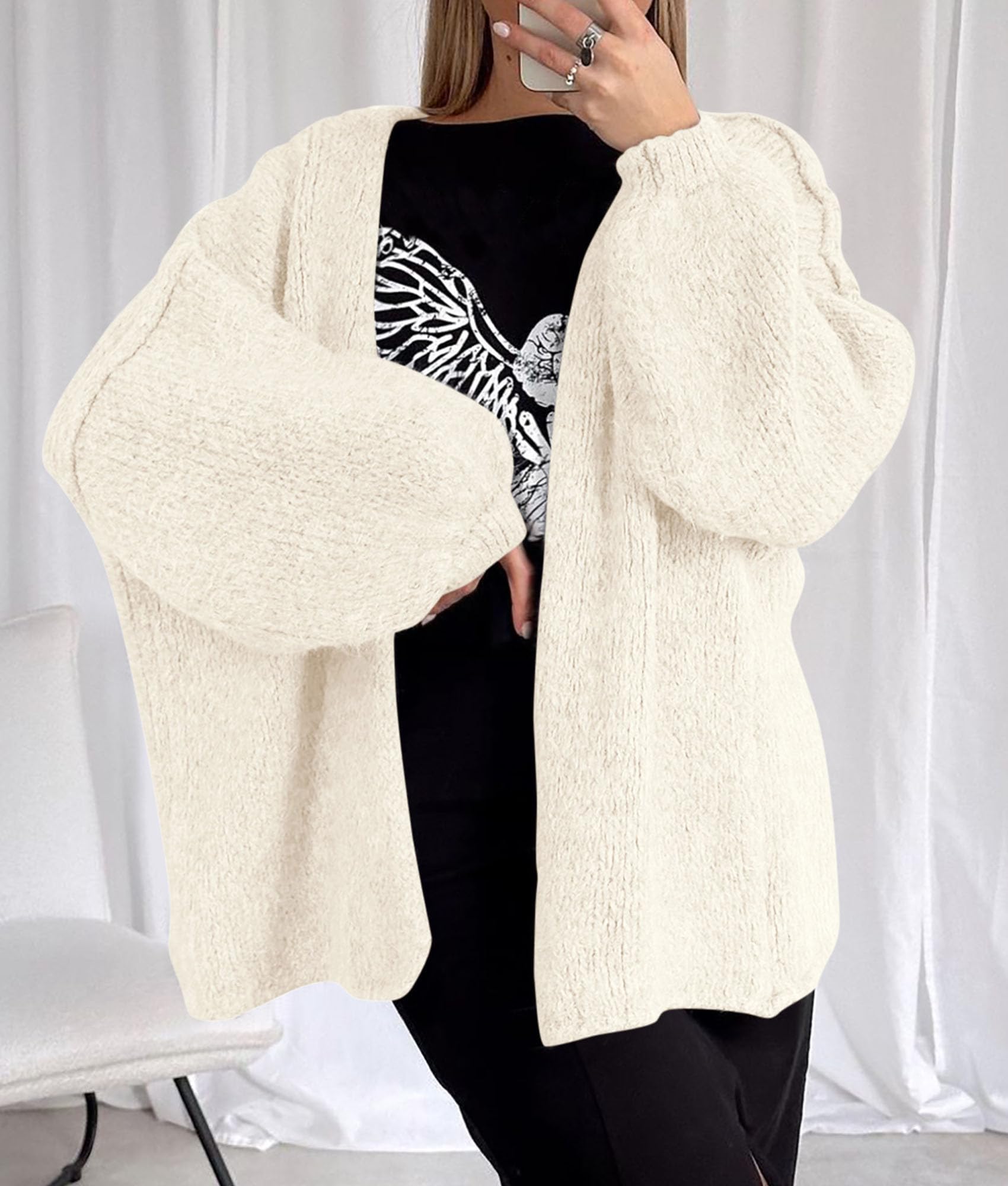 Womens Open Front Oversized Cardigan Sweaters,White,XS