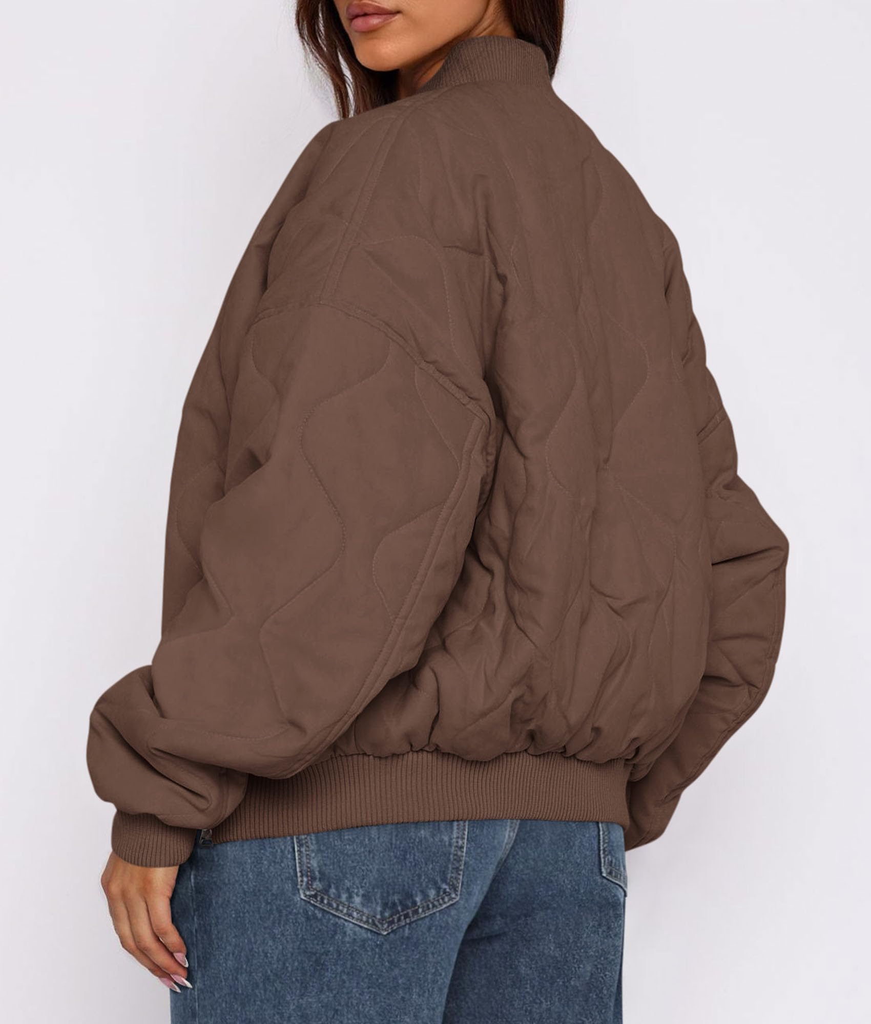 Women's Quilted Bomber Jacket Fall Fashion 2026 Lightweight Cropped Zip up Outerwear Winter Puffer Coats Pockets (Brown,Small)