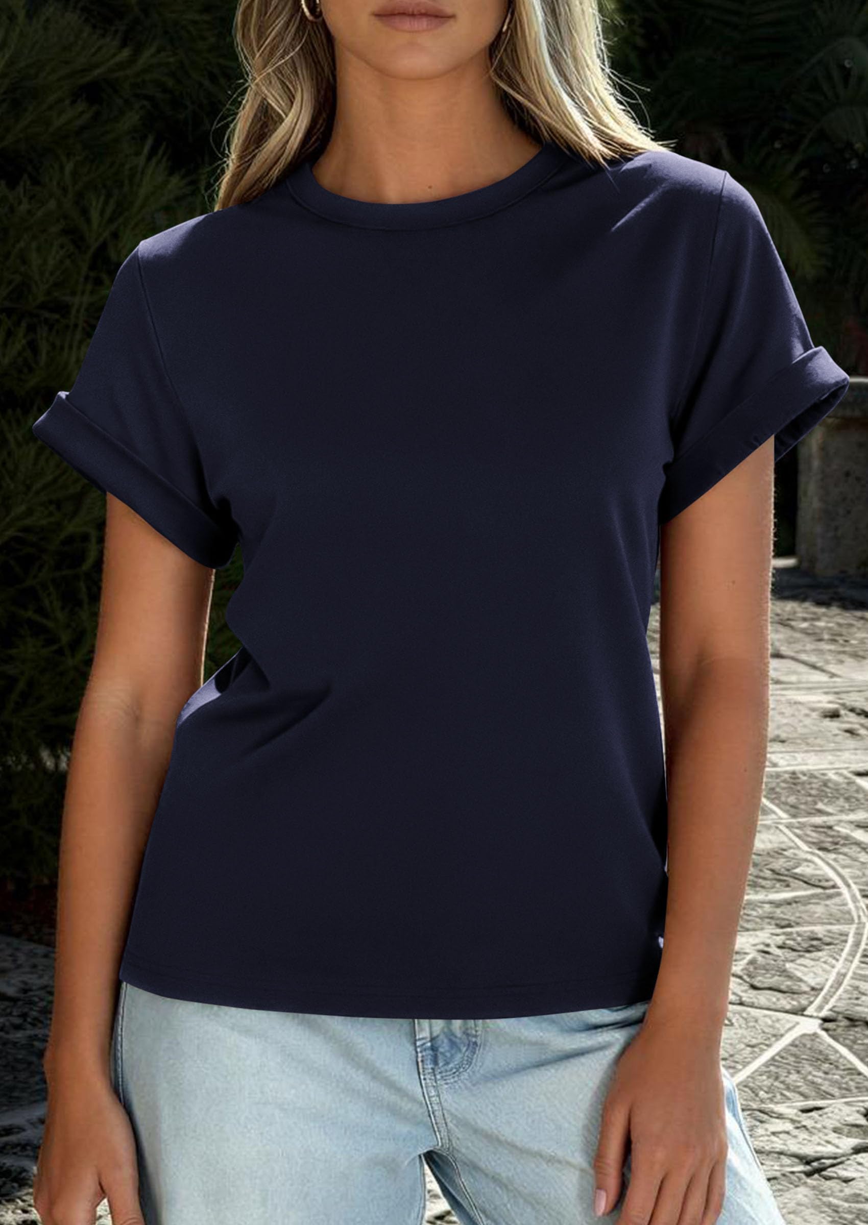 Womens Summer Tops Short Sleeve Shirts,Navy Blue,S
