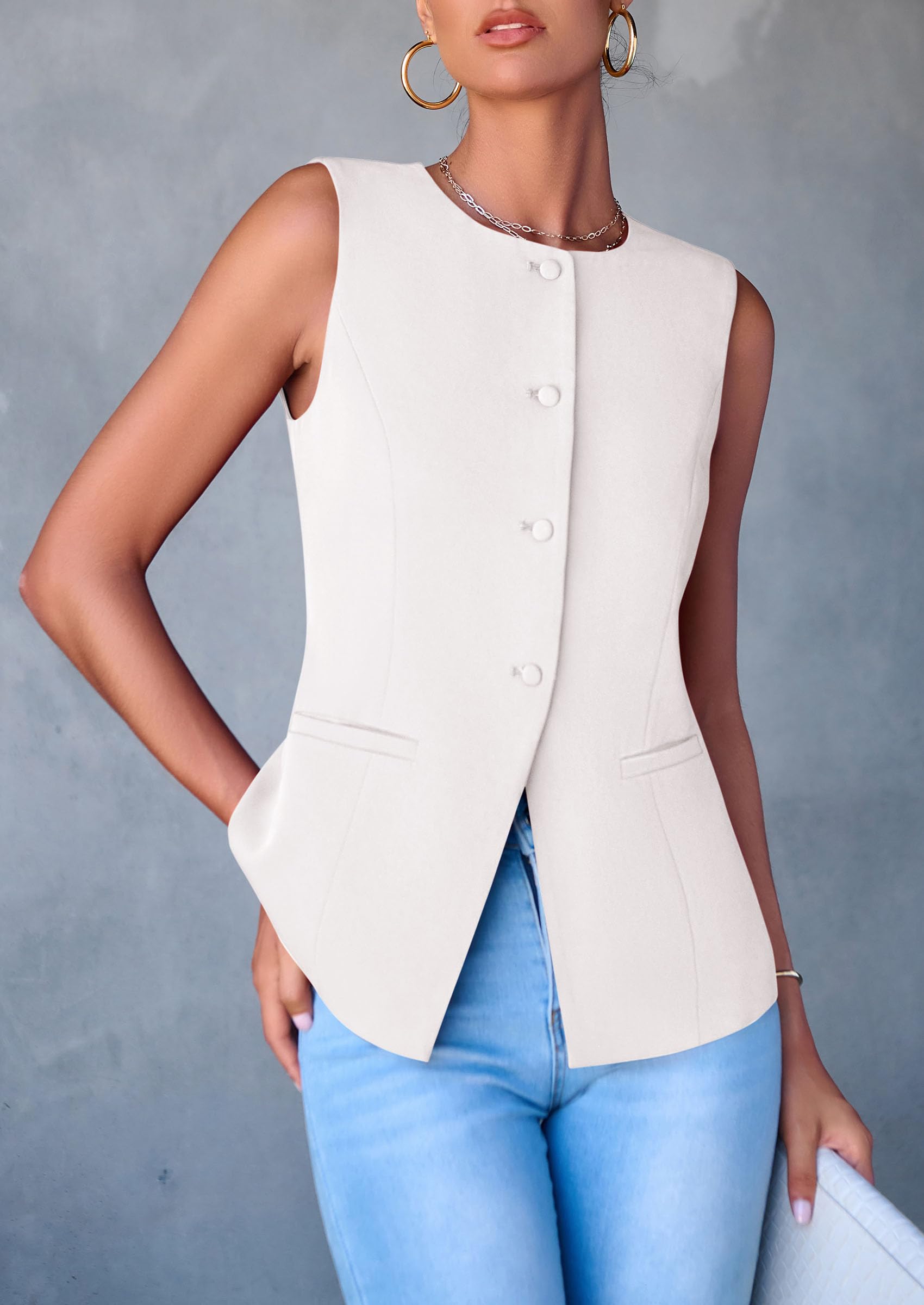 Women Tailored Suit Vest Business Casual Tops, White,S