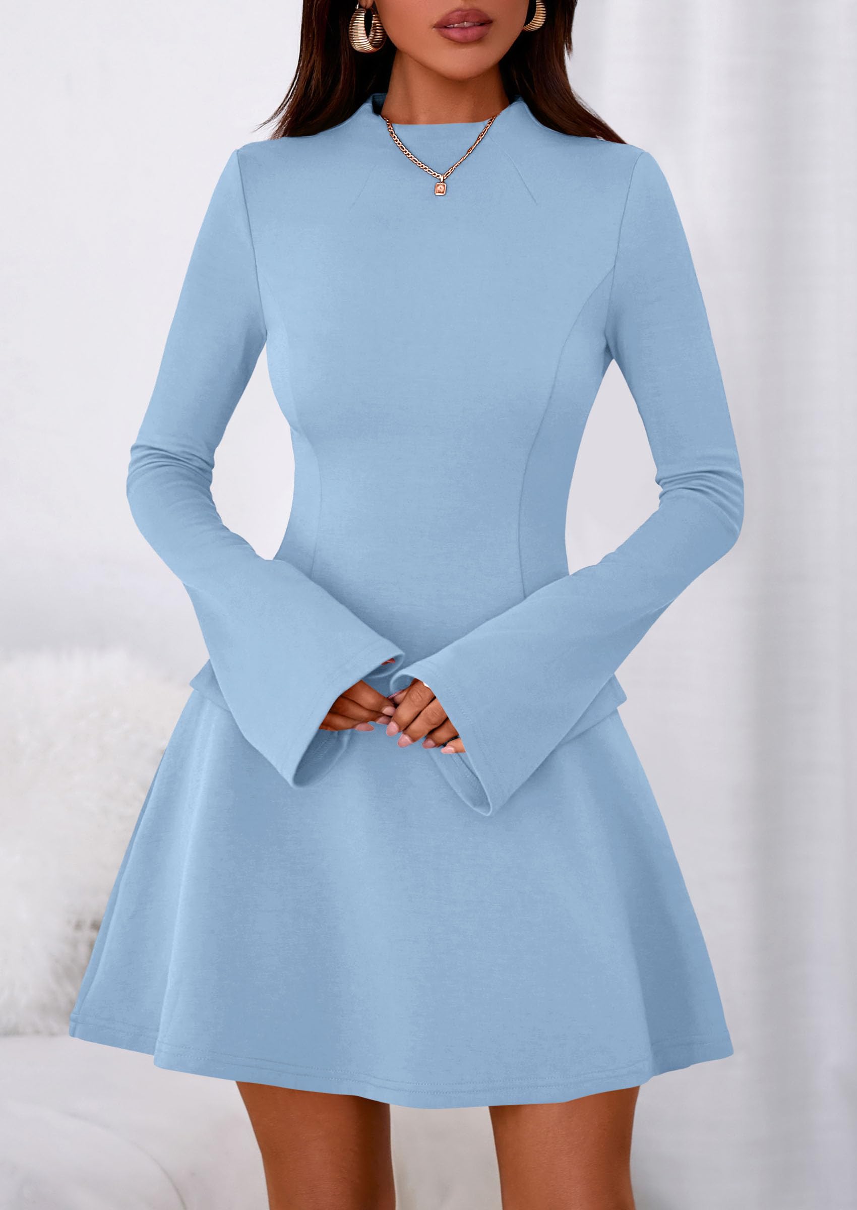 Women's Fall Bell Sleeve Short Dress,Light Blue,XS