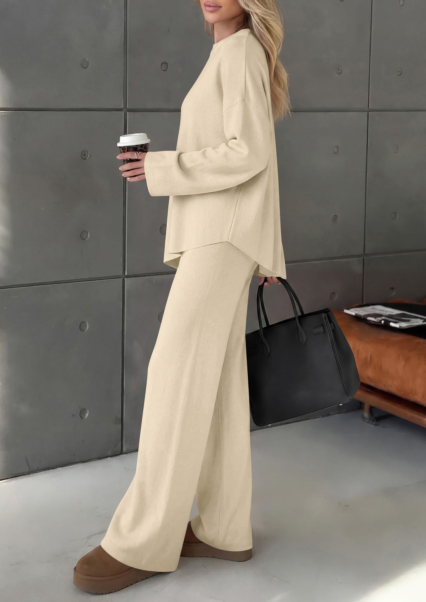 Womens Fall 2 Piece Asymmetric Cozy Sweater Travel Lounge Sets