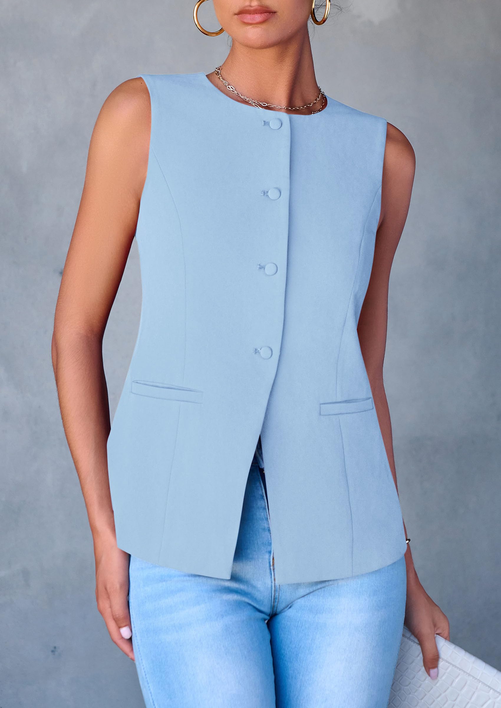Women Tailored Suit Vest Business Casual Tops, Light Blue,S
