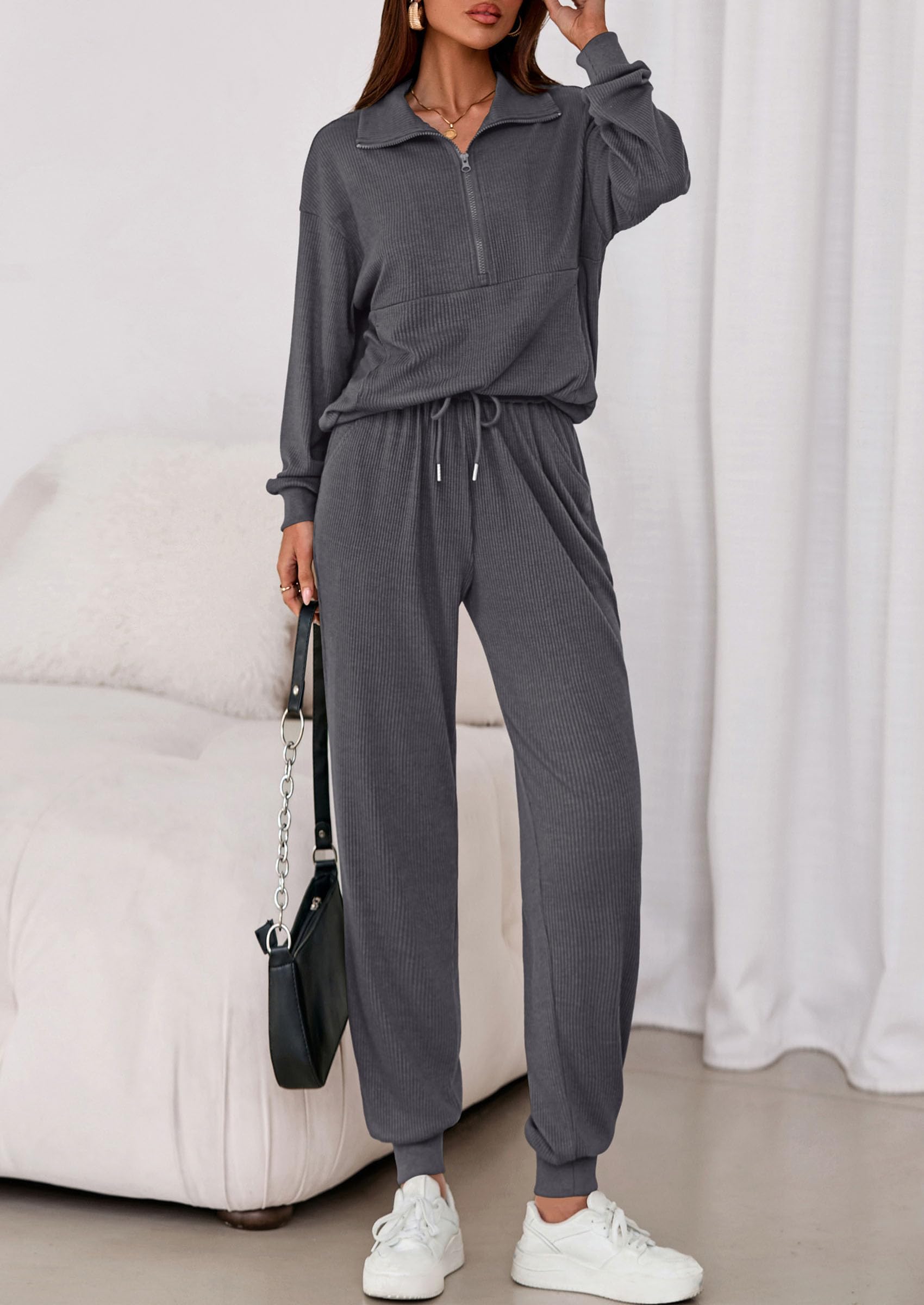 Airport Travel Outfit Women Ribbed Knit Matching Lounge Sets