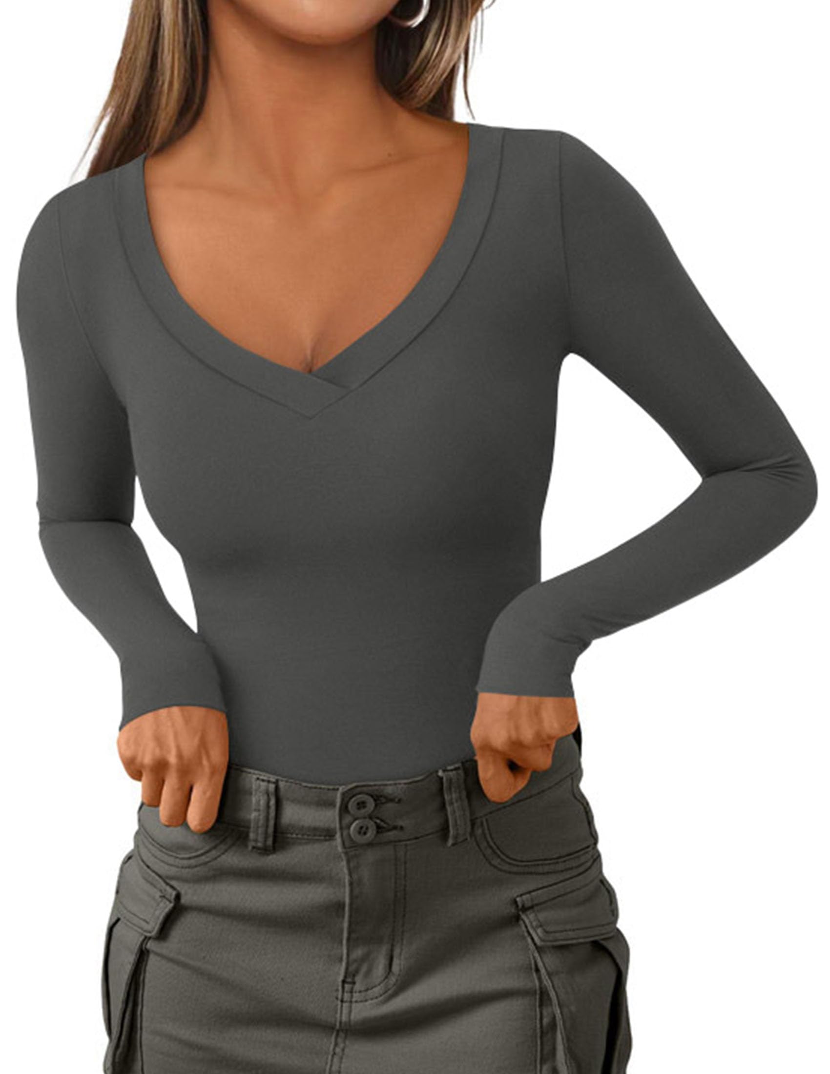 Women's V Neck Long Sleeve Shirts,Dark Grey,X-S