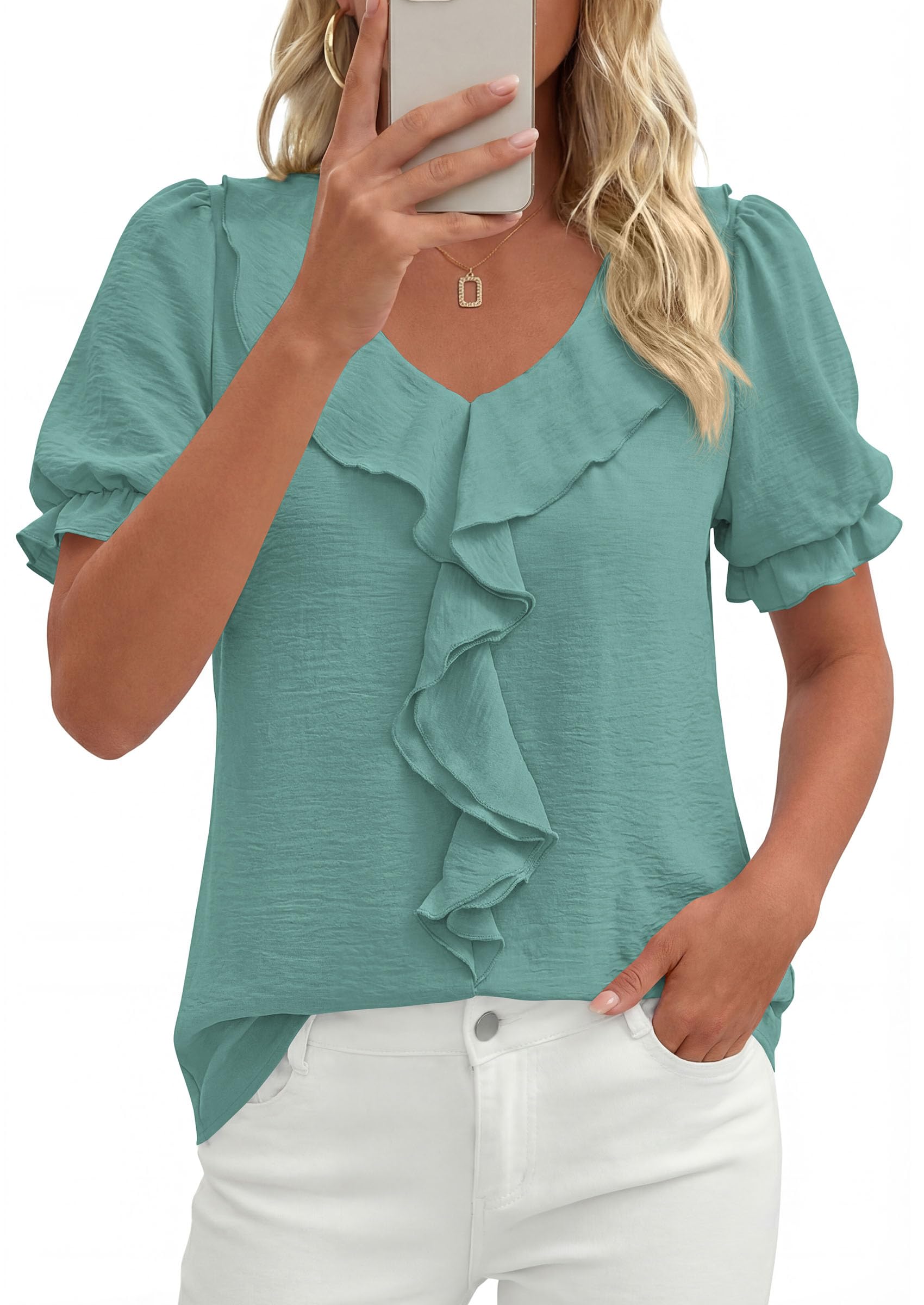 Women's Summer Ruffle Dressy Casual Blouses (Blue Green,S)