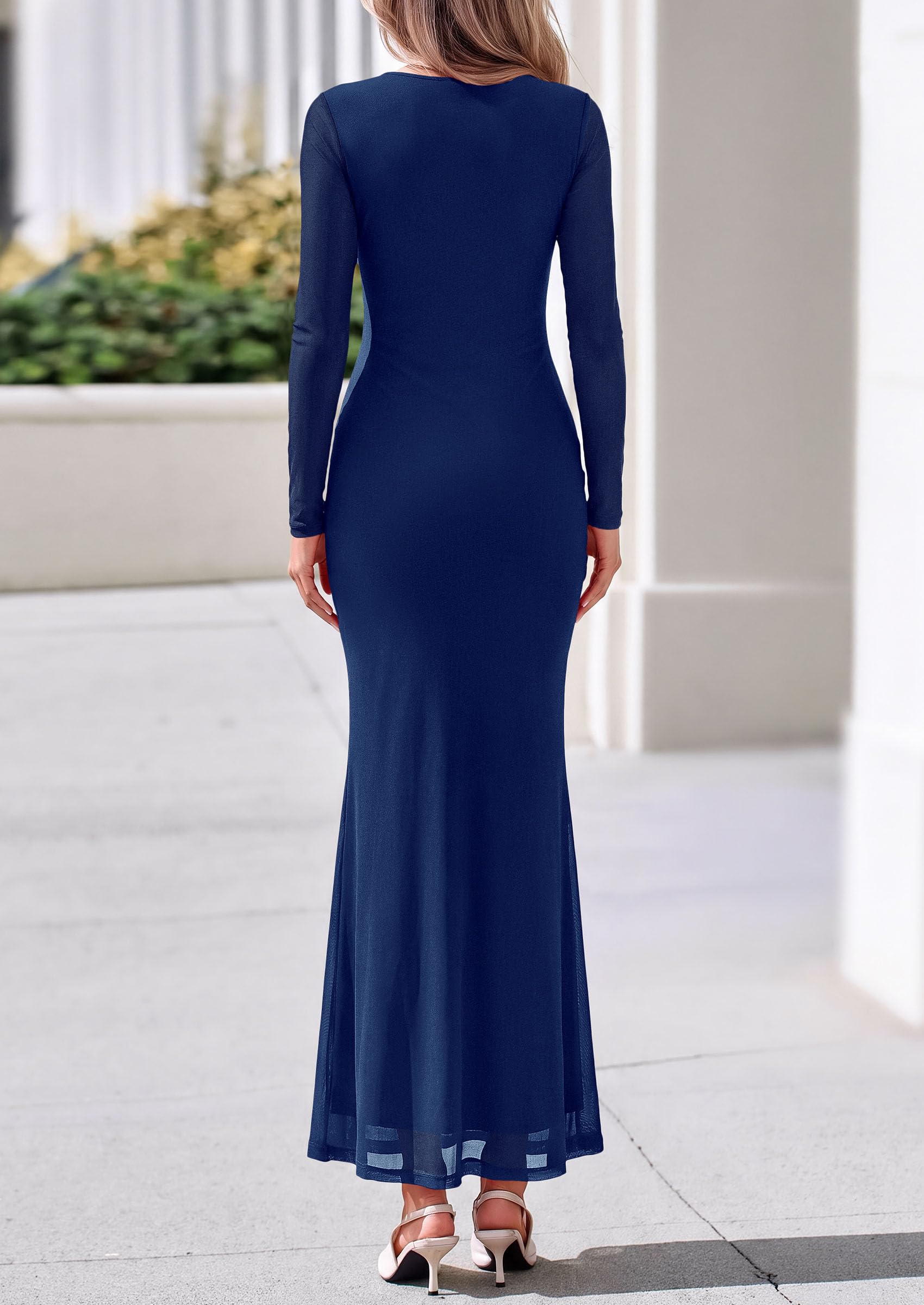 Womens Fall Long Sleeve Bodycon Tie Waist Mesh Maxi Dresses