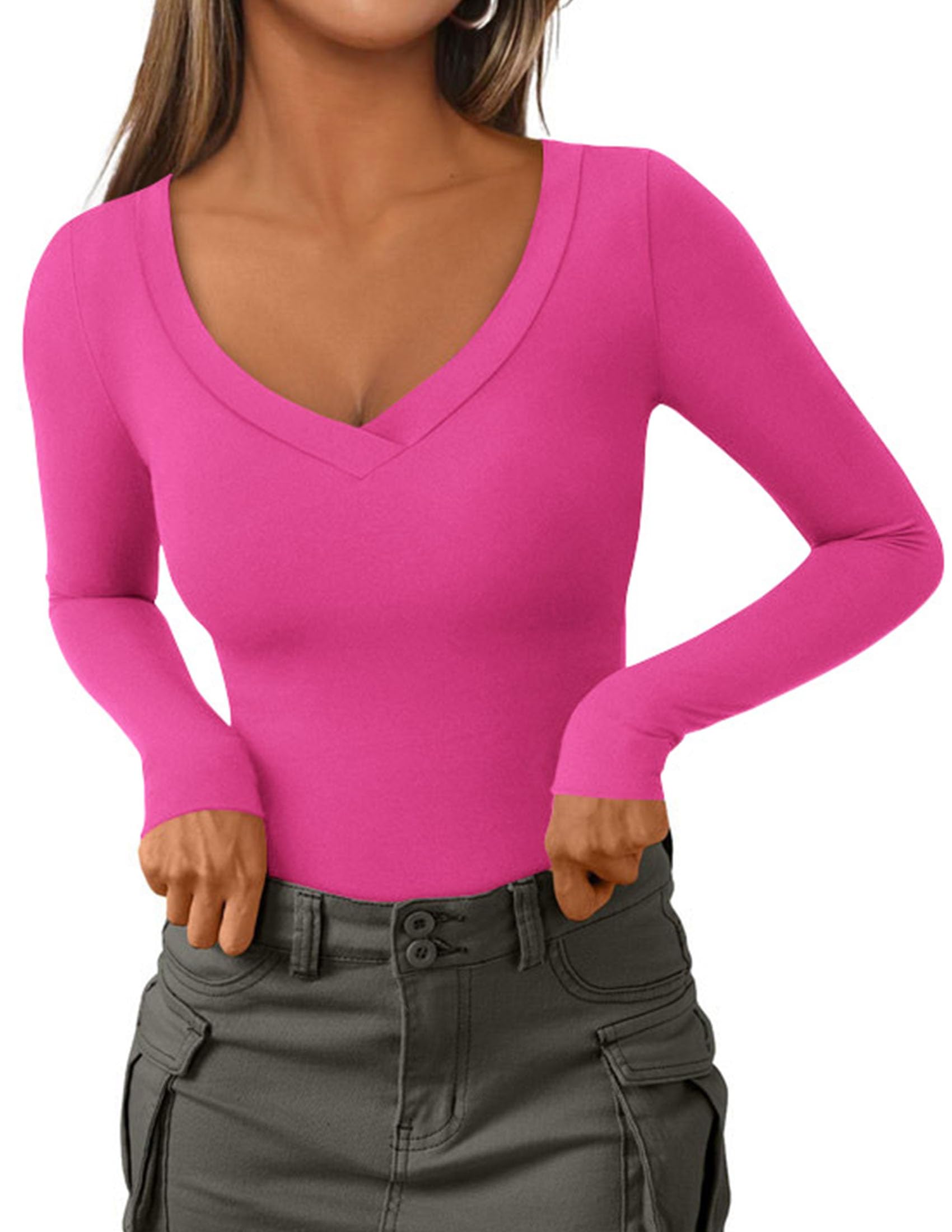 Women's V Neck Long Sleeve Shirts,Rose,X-S