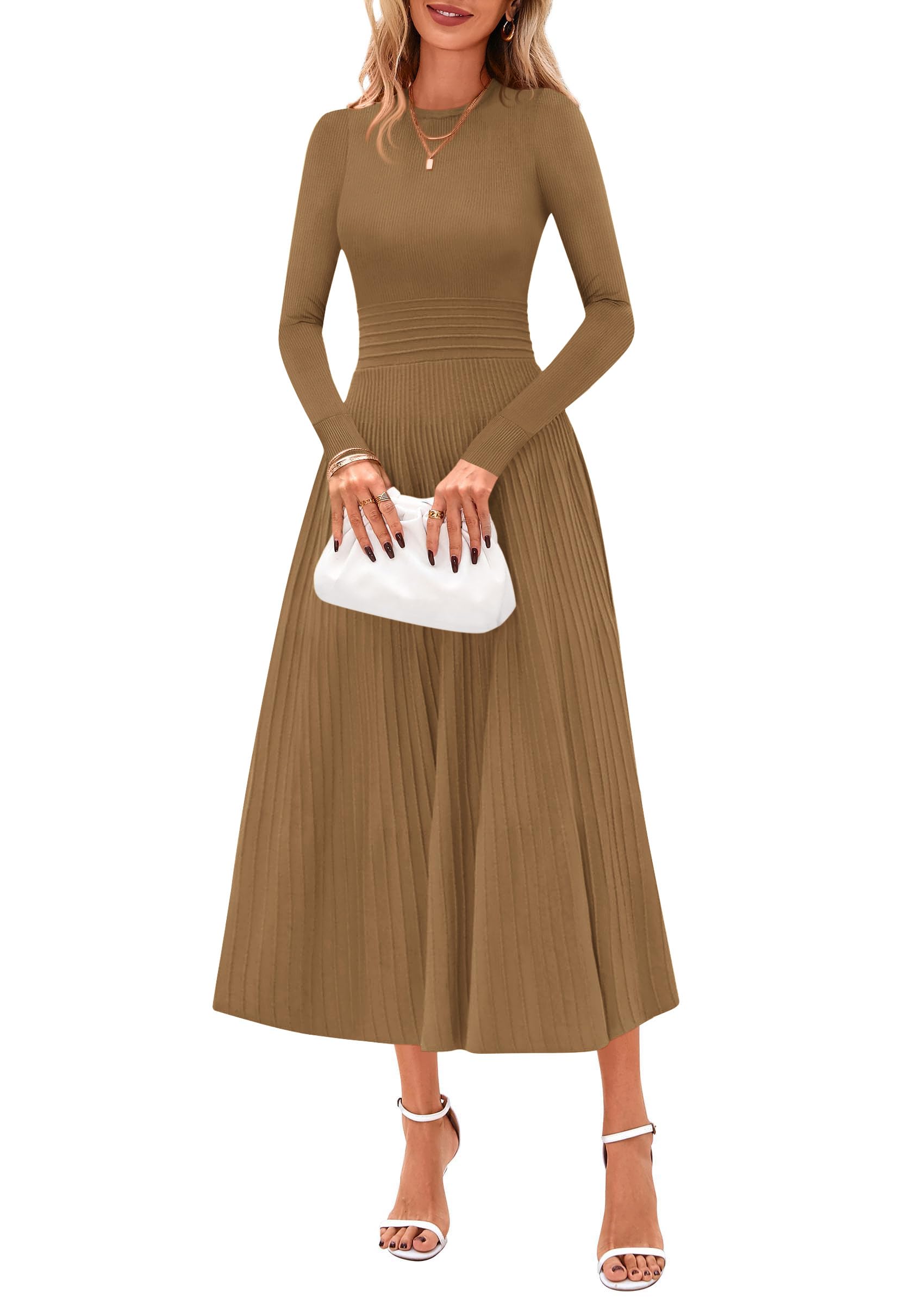 Women's Long Sleeve Knit Maxi Sweater Dress,Khaki,S