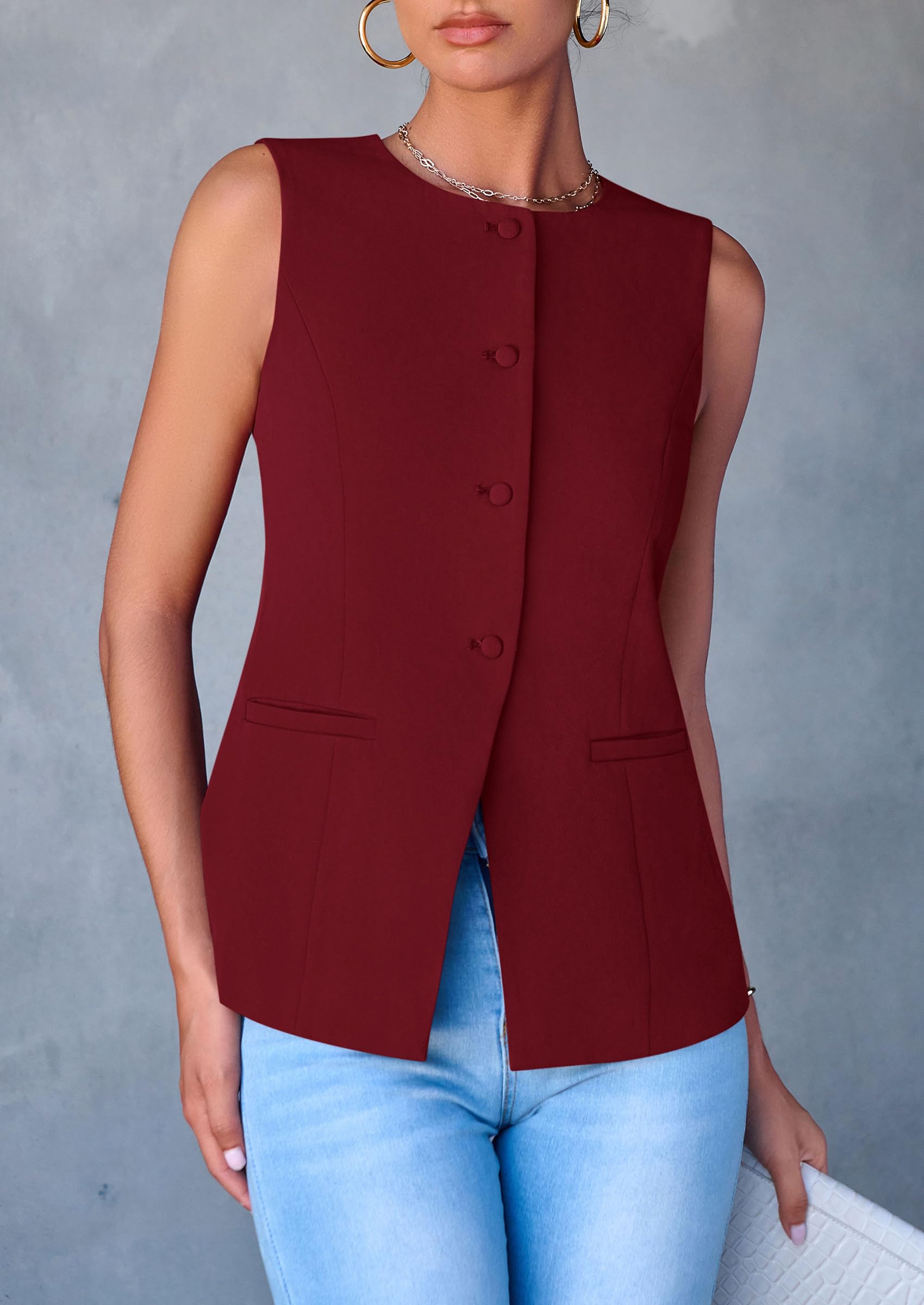 Women Tailored Suit Vest Business Casual Tops, Red,S