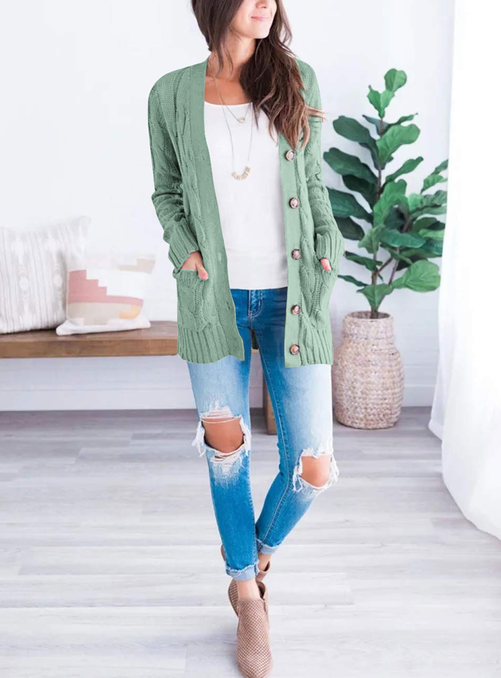 Women Chunky Cable Knit Cardigan Sweaters Fall Fashion Clothes