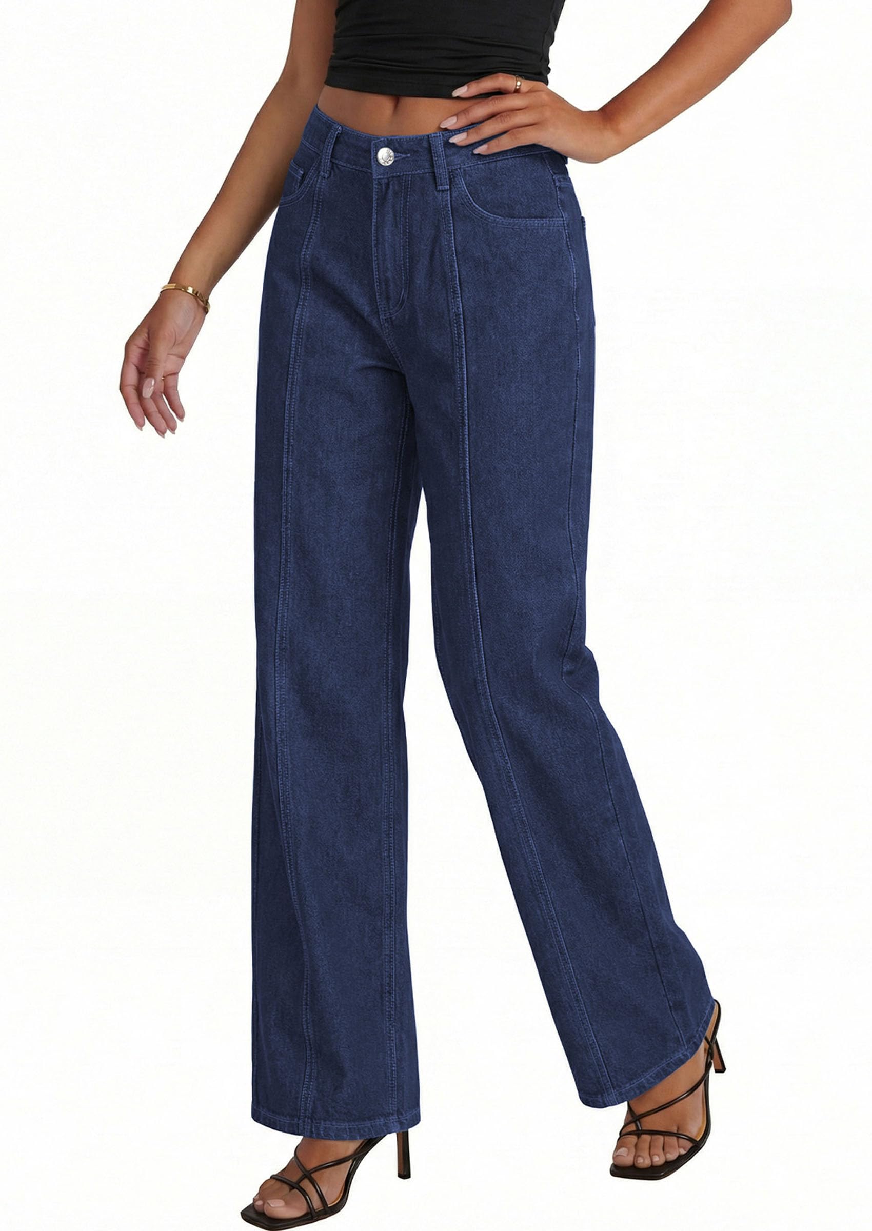 Women's Wide Leg Jeans Stretchy Baggy Denim Pants,Deep Blue,4