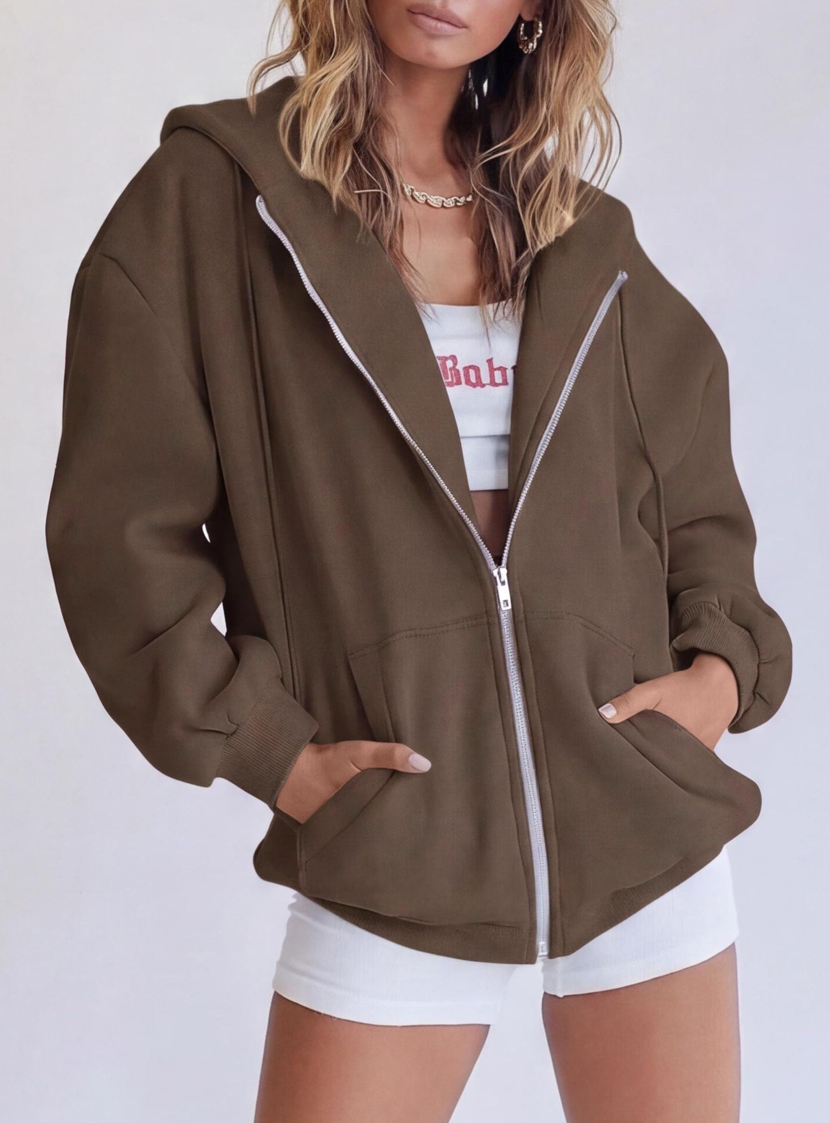 Women's Fall Zip Up Hoodies Sweatshirts Coffee