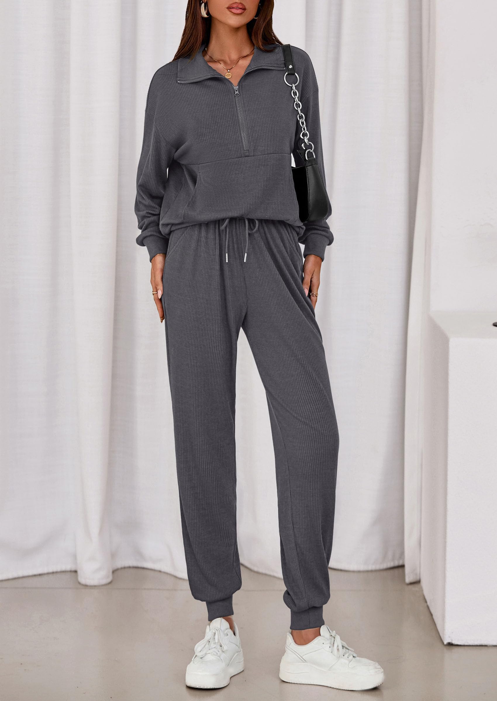 Airport Travel Outfit Women Ribbed Knit Matching Lounge Sets