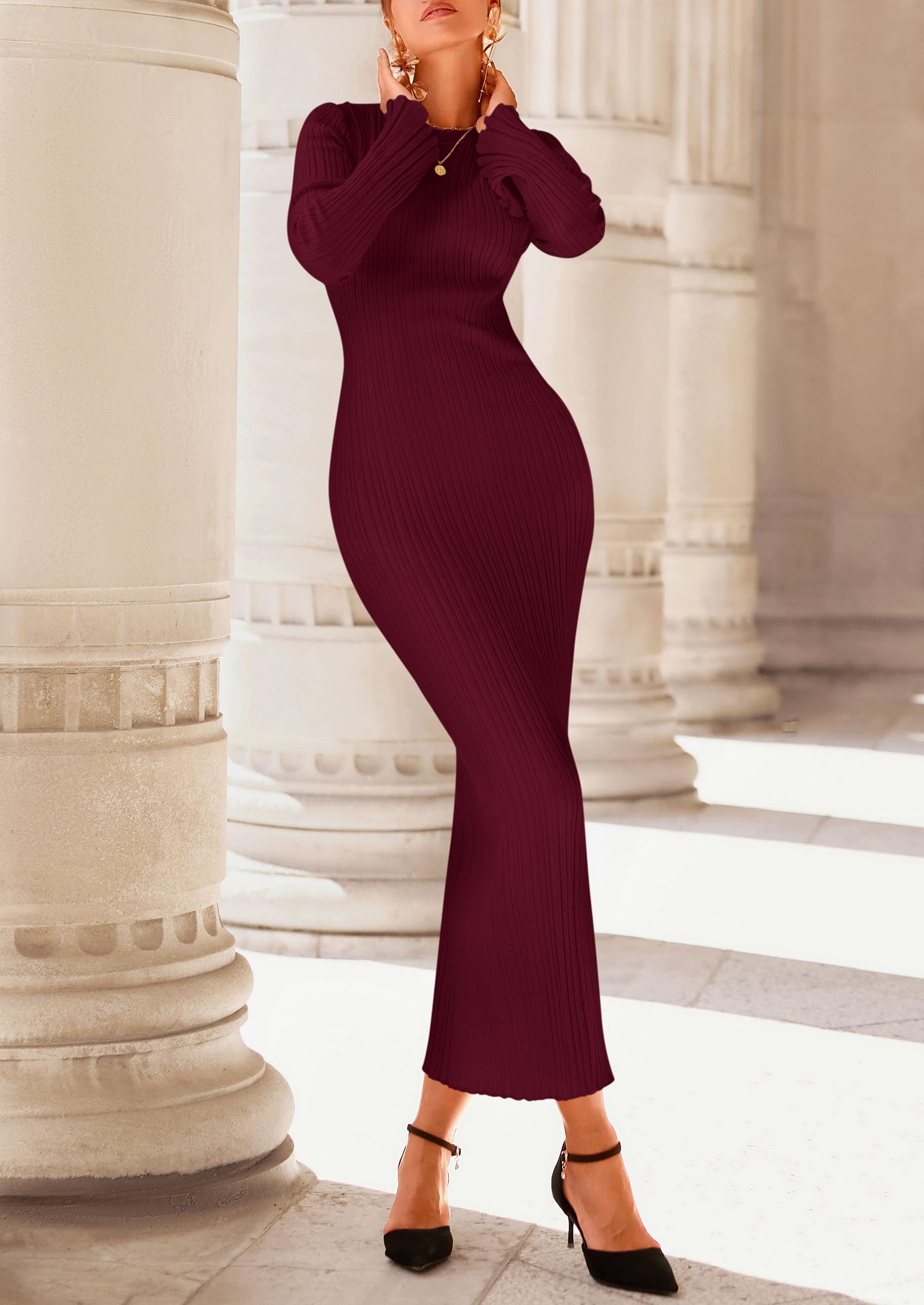 Women's Sweater Dress Long Sleeve Maxi Dresses,Wine Red,S