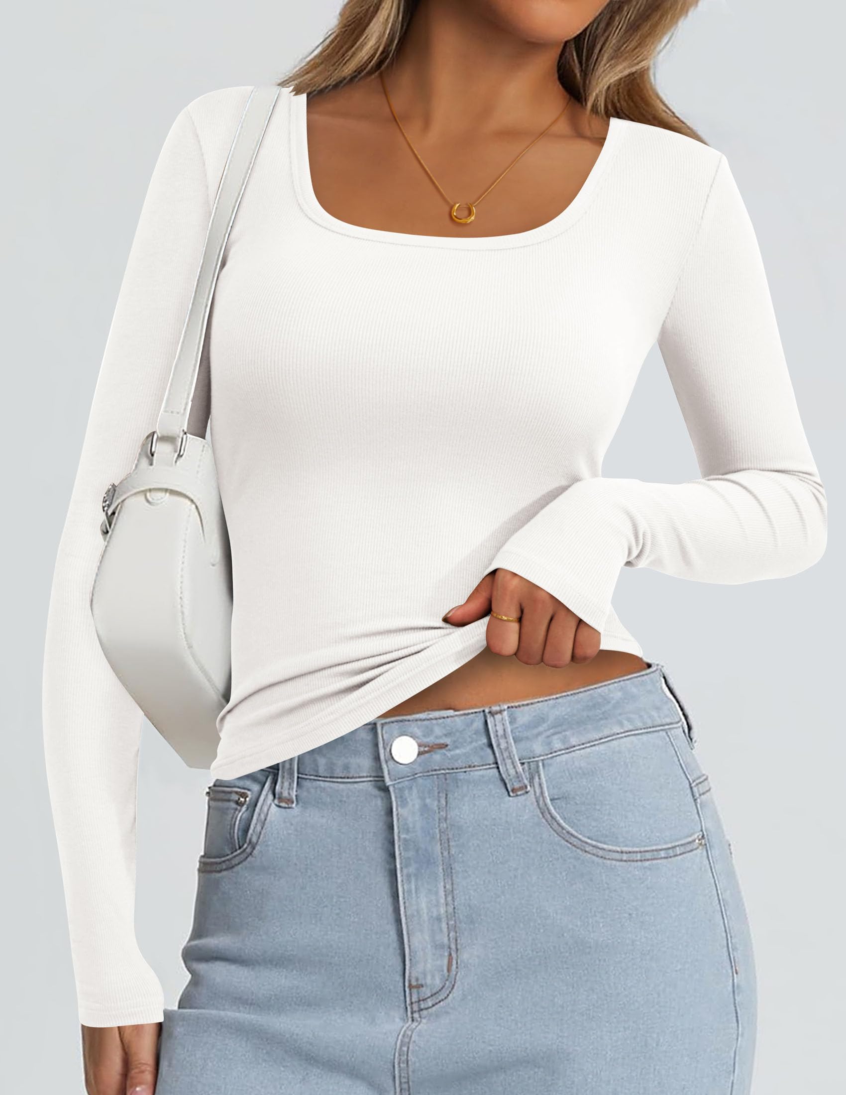 Square Neck Long Sleeve Shirts for Women White,XS