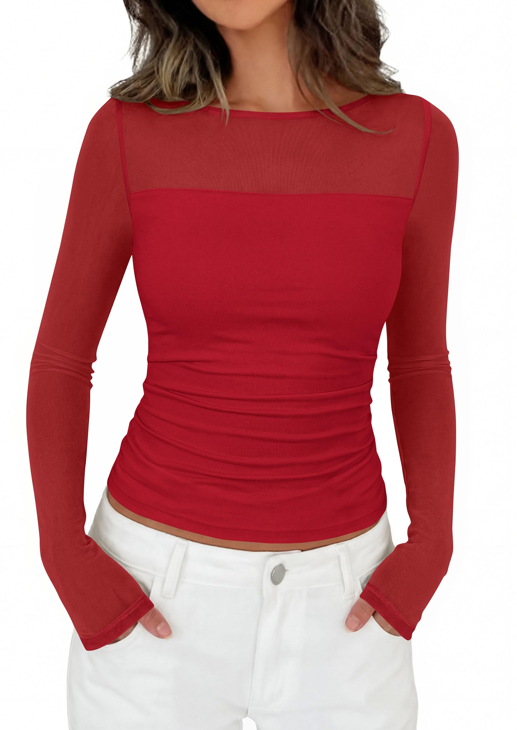 Women's Sheer Mesh Long Sleeve Going Out Tops (Red,S)