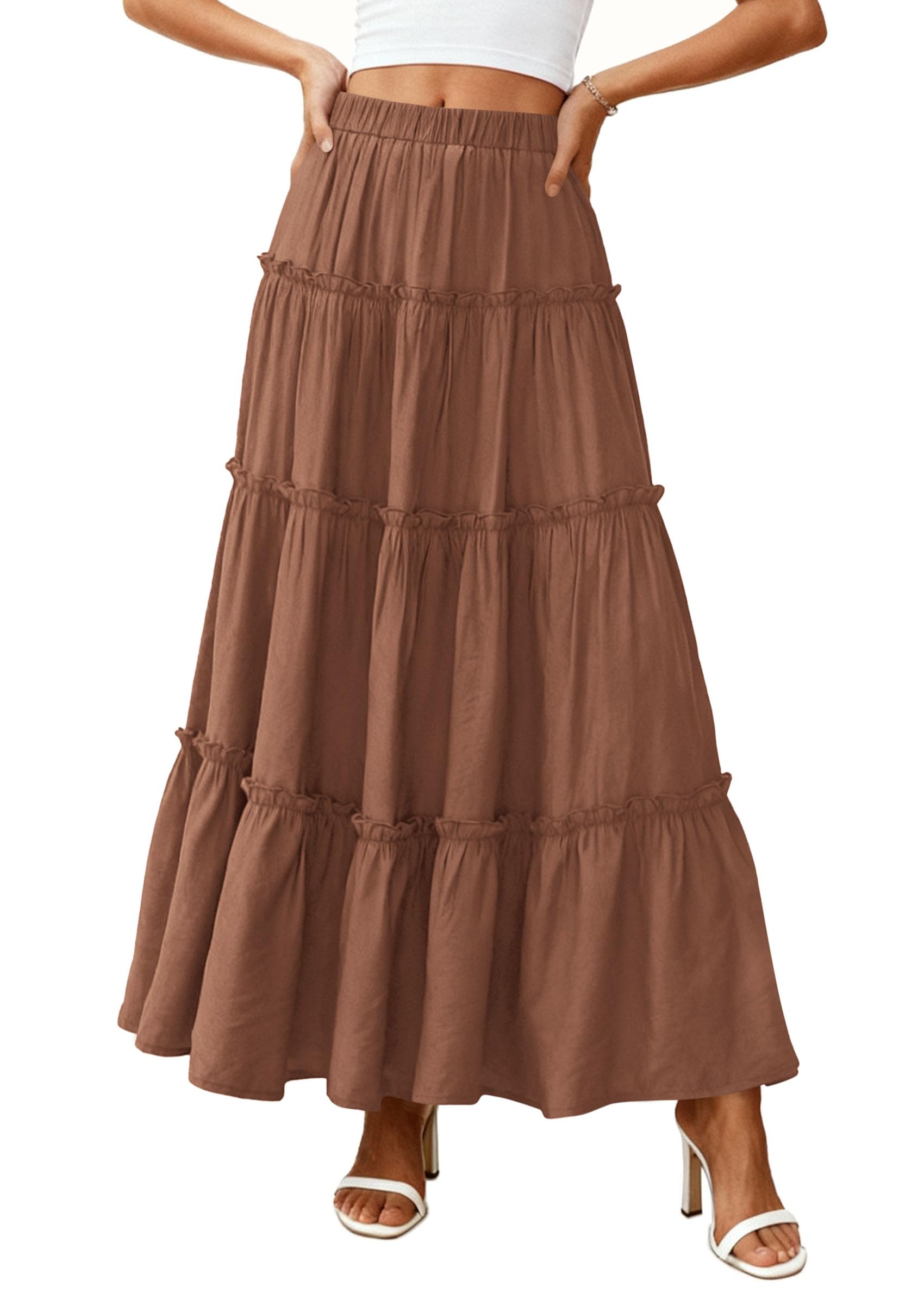 Women's Boho Tiered Ruffle Flowy Maxi Skirt, Light Brown,S