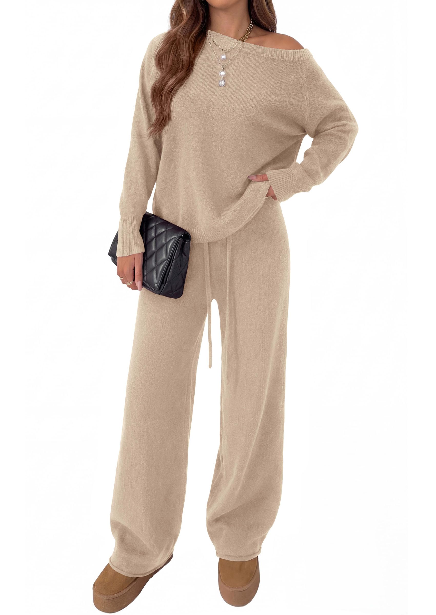 Lounge Sets Womens Sweaters Two Piece Outfits (Khaki,S)