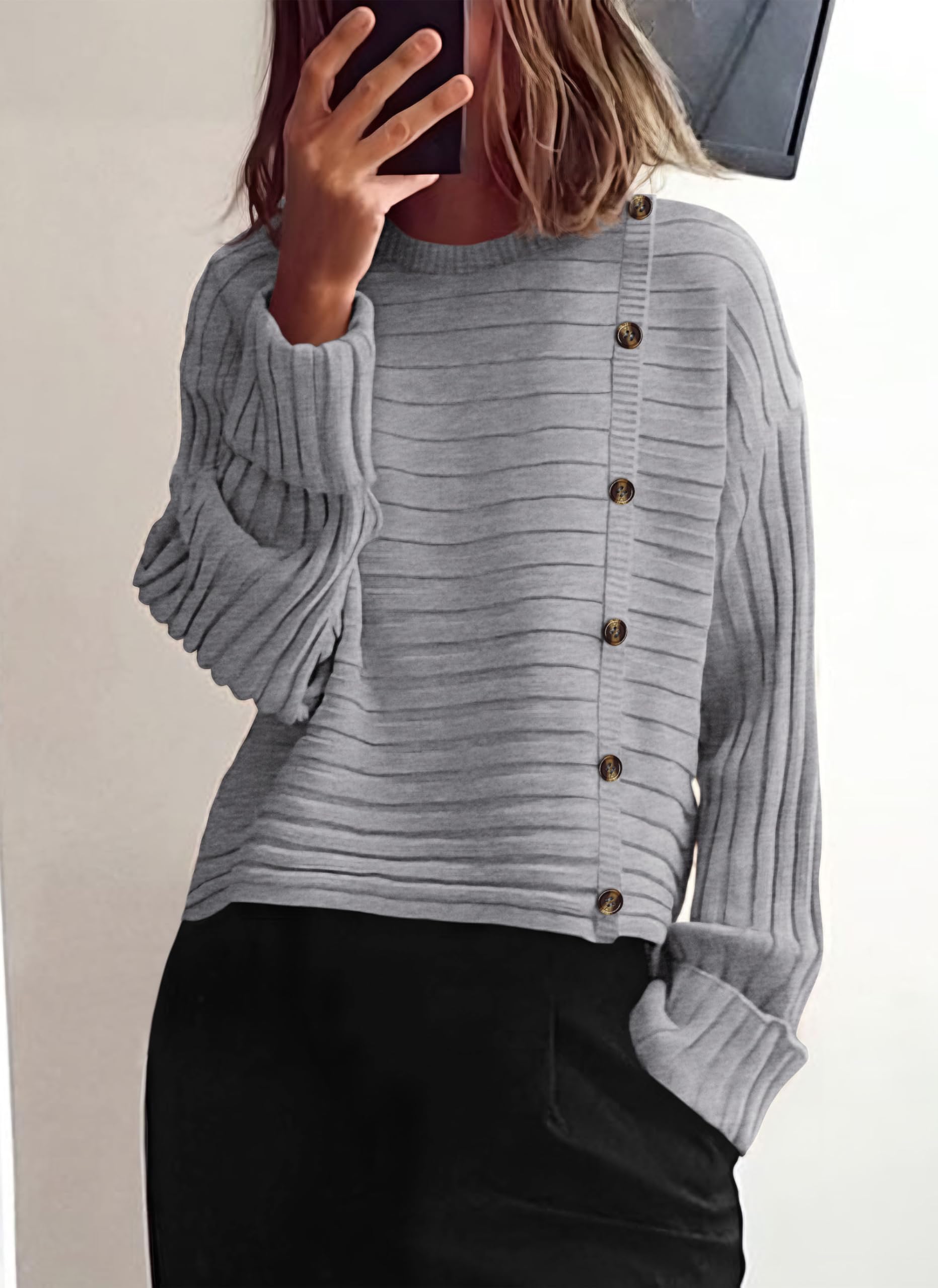 Womens Asymmetric Button Long Sleeve Sweater,Light Grey,S