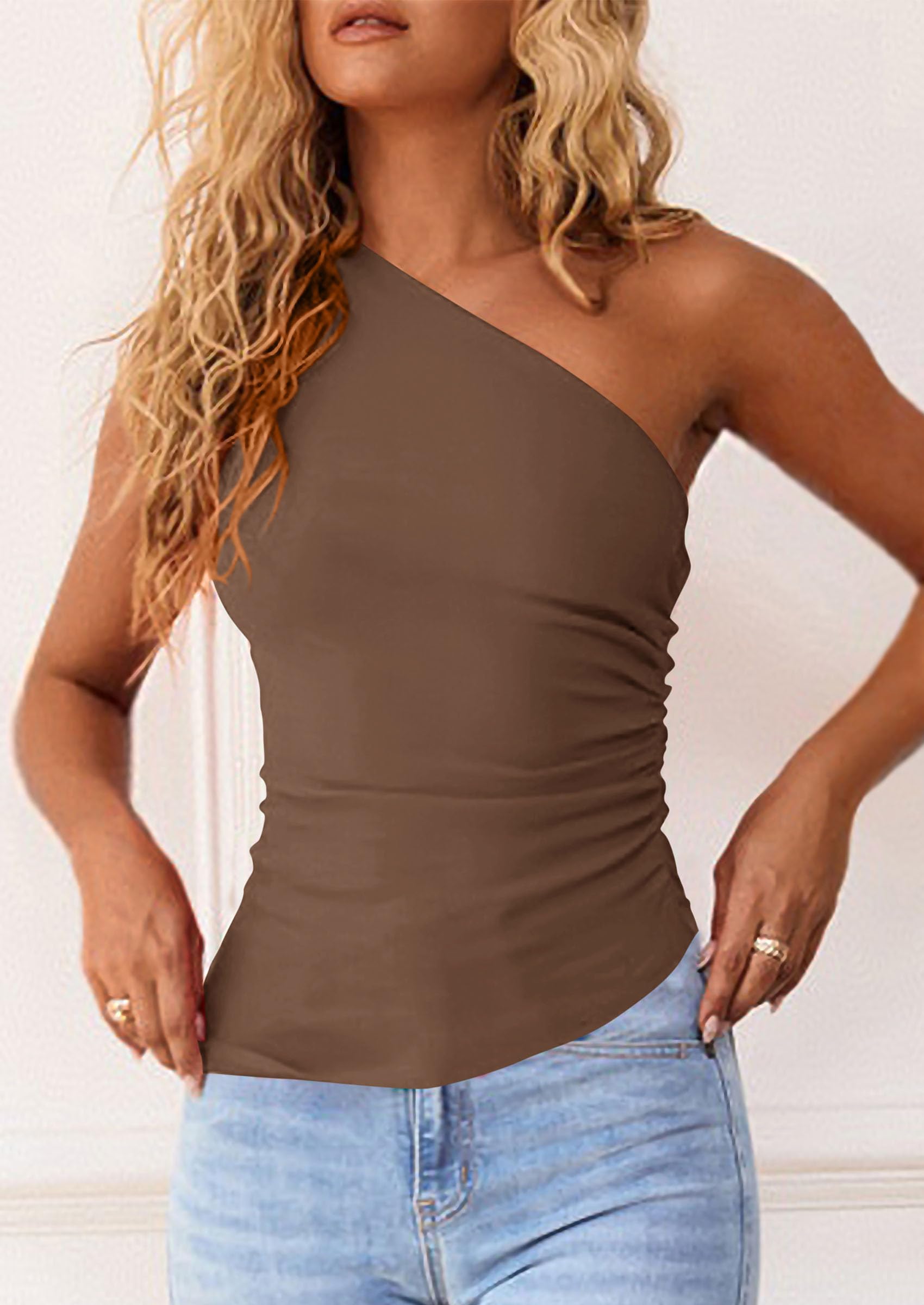 One Shoulder Summer Tops for Women,Coffee,XS