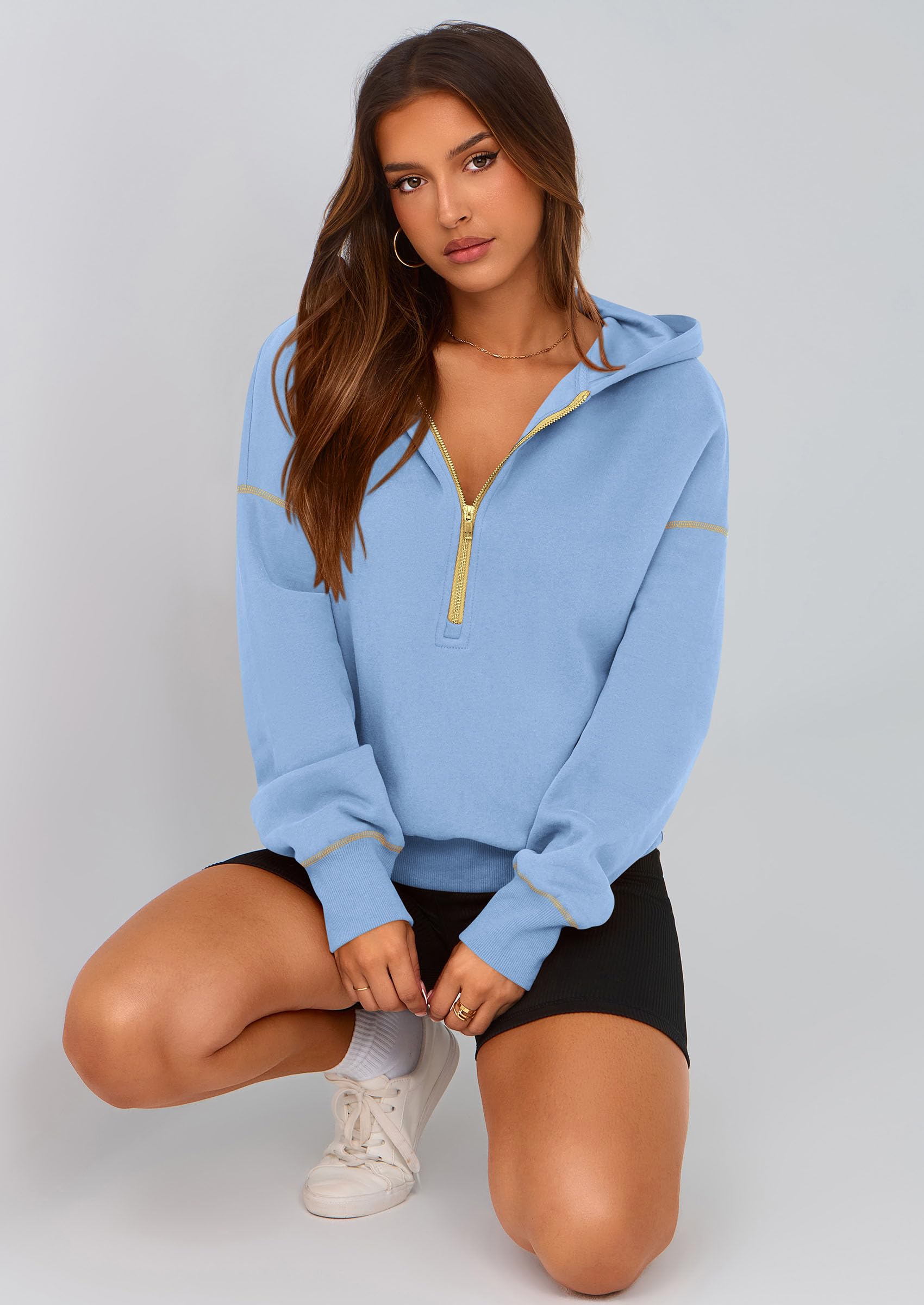 Women's Fall Half Zip Cropped Hoodie Sweatshirt Sky Blue