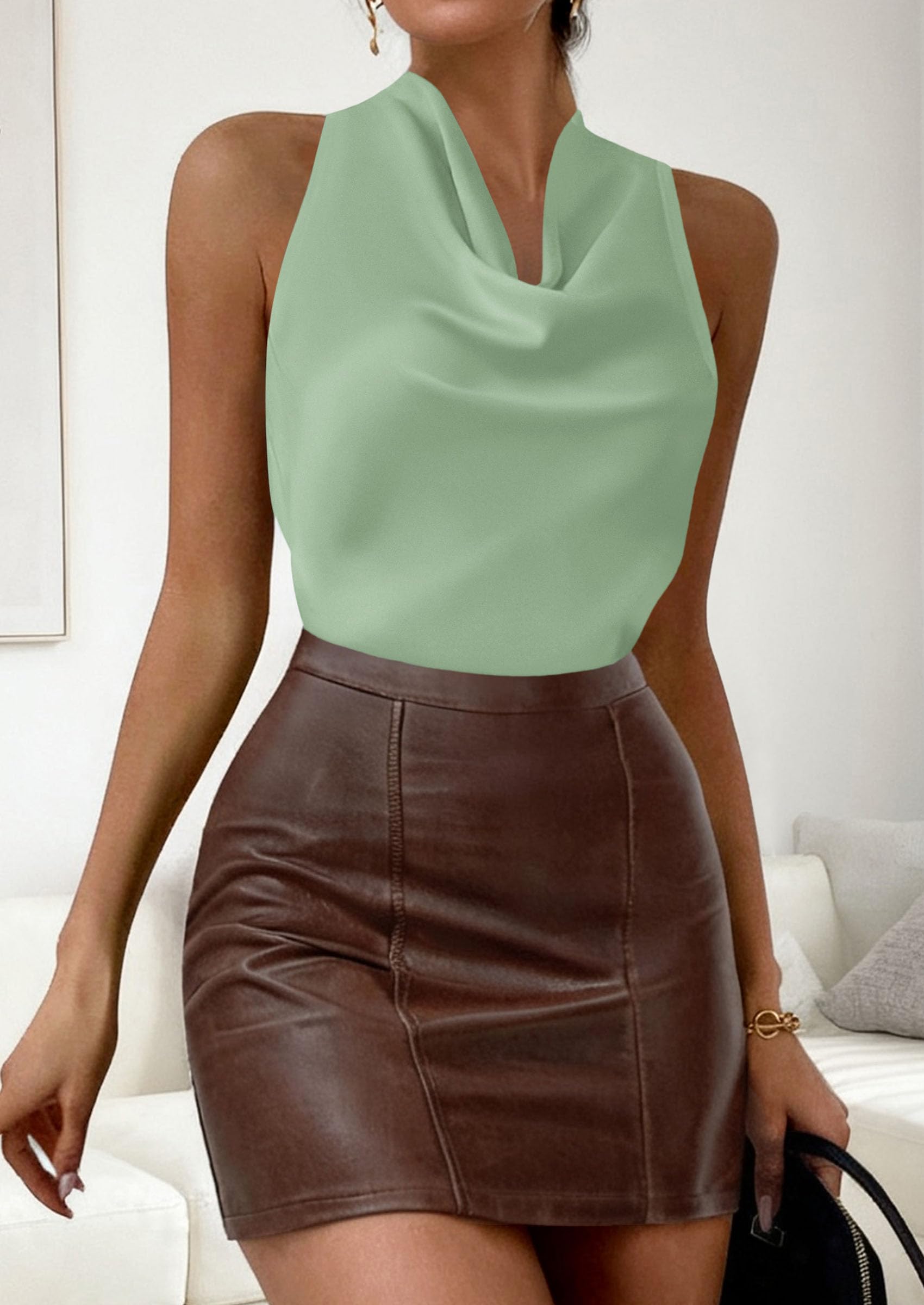 Satin Halter Tops for Women Dressy Casual Light Green,XS