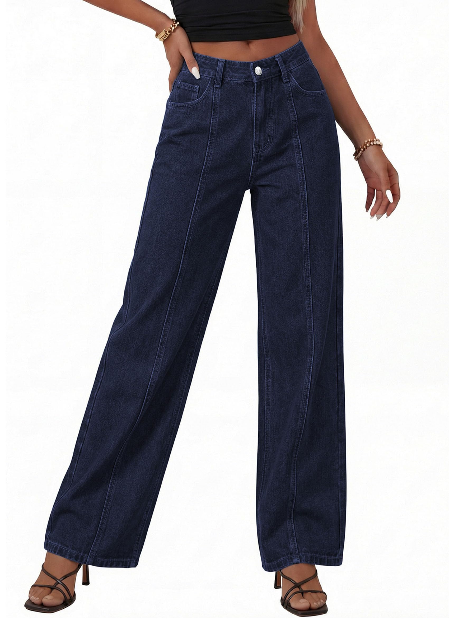 Women's Wide Leg Jeans Stretchy Baggy Denim Pants,Navy Blue,4